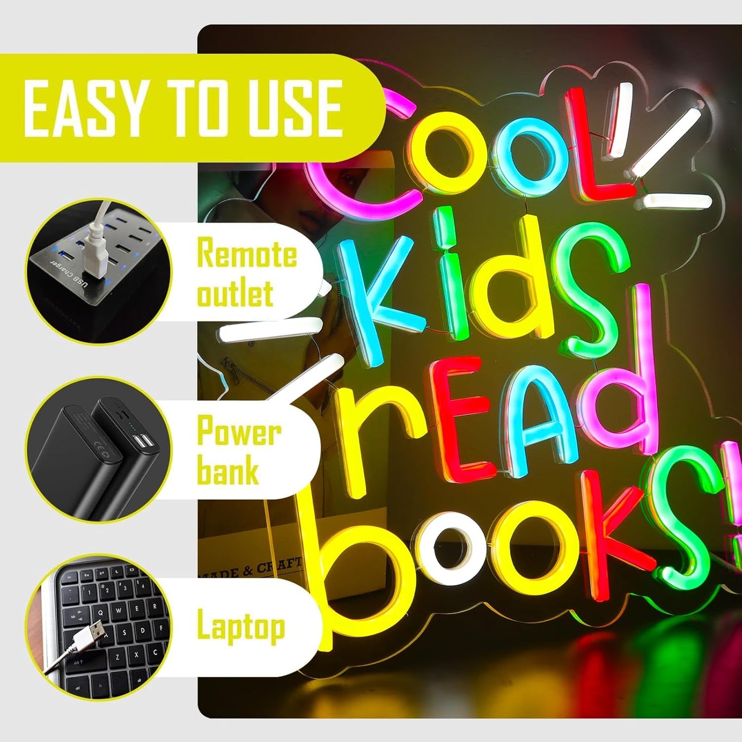 Cool Kids Read Books Neon Signs Classroom Encourage Neon Lights Wall Decor,Positive Affirmation Motivational Quote,GIft Art for Boys Girls Kids,Friends,Family-12.64 x 12.2 IN-USB Powered-Acrylic