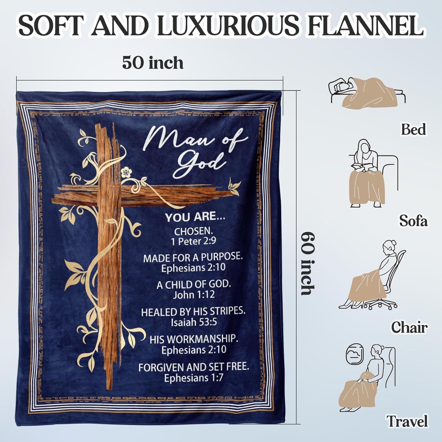 Christian Gifts for Men - Religious Throw Blanket with Bible Verse 60"x50", Religious Gifts for Men Dad Grandpa Pastor Husband Boyfriend, Comforting Faith Gift for Husband Veterans.