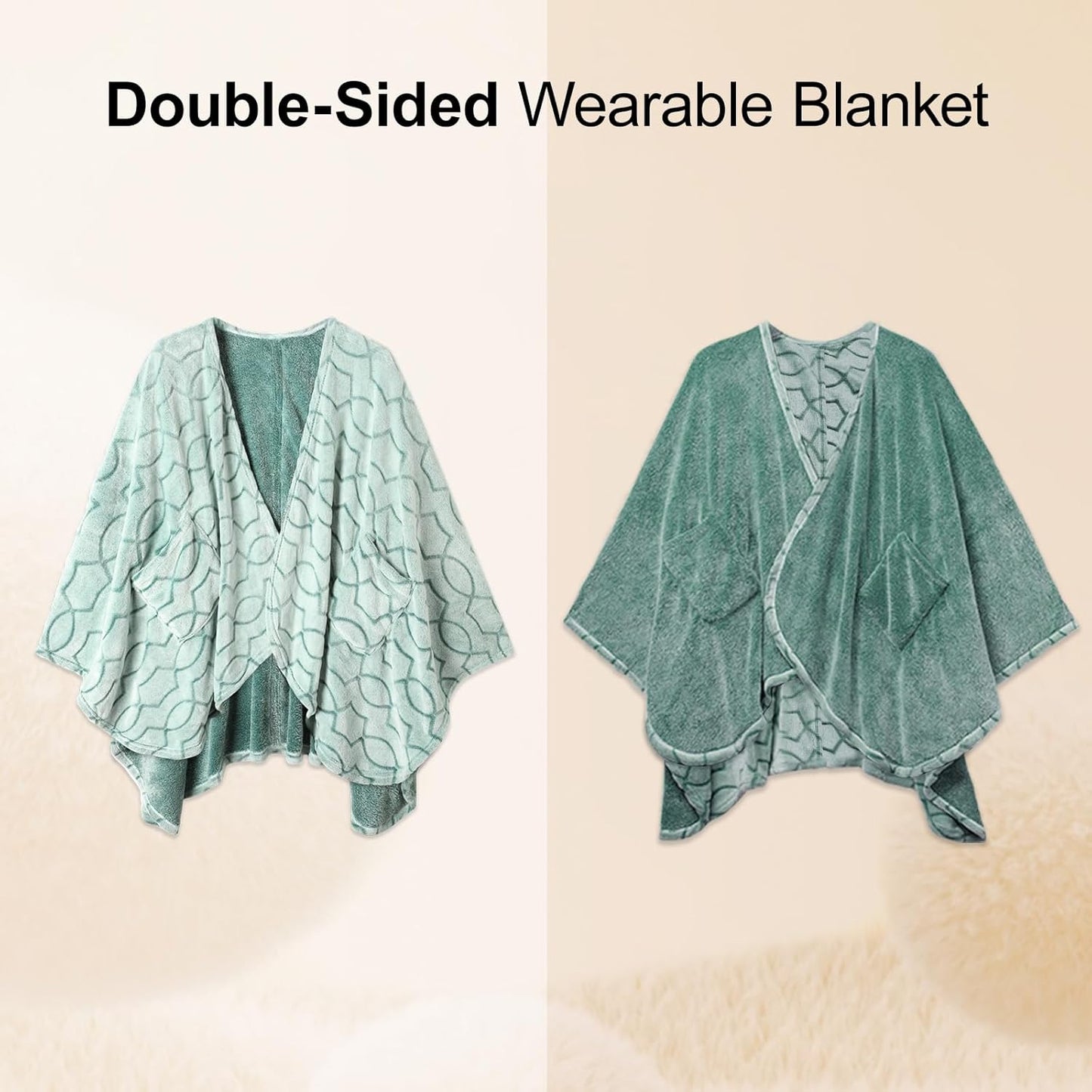 Bcareself Double-Sided Wearable Blanket Ultra Soft Flannel Shawl Blanket, Reversible Blanket,with Pockets, for Women and Men