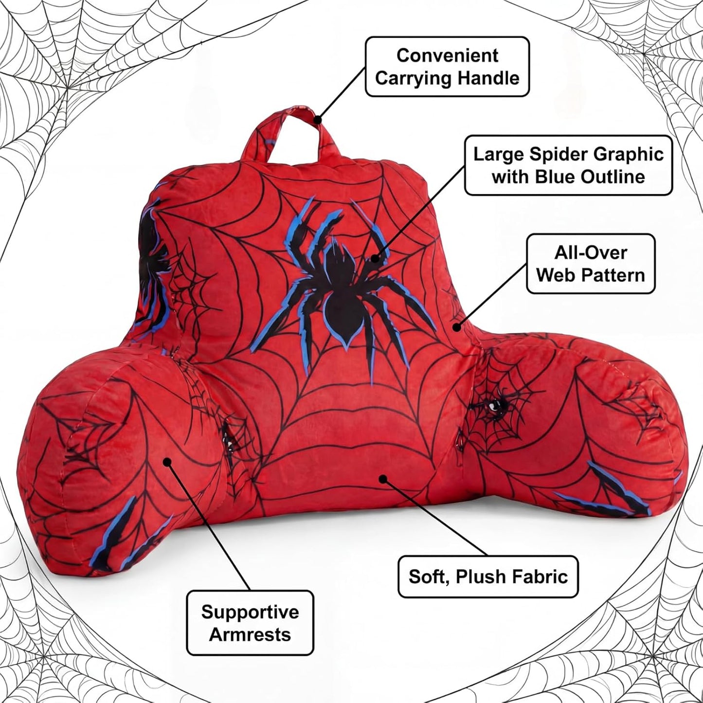 Redbaker Spider Themed Reading Pillow with Arms for Bed 27.9" x 14.9" Spider Backrest Support Cushion with Memory Foam Couch Cushion Support Pillow for Sitting up