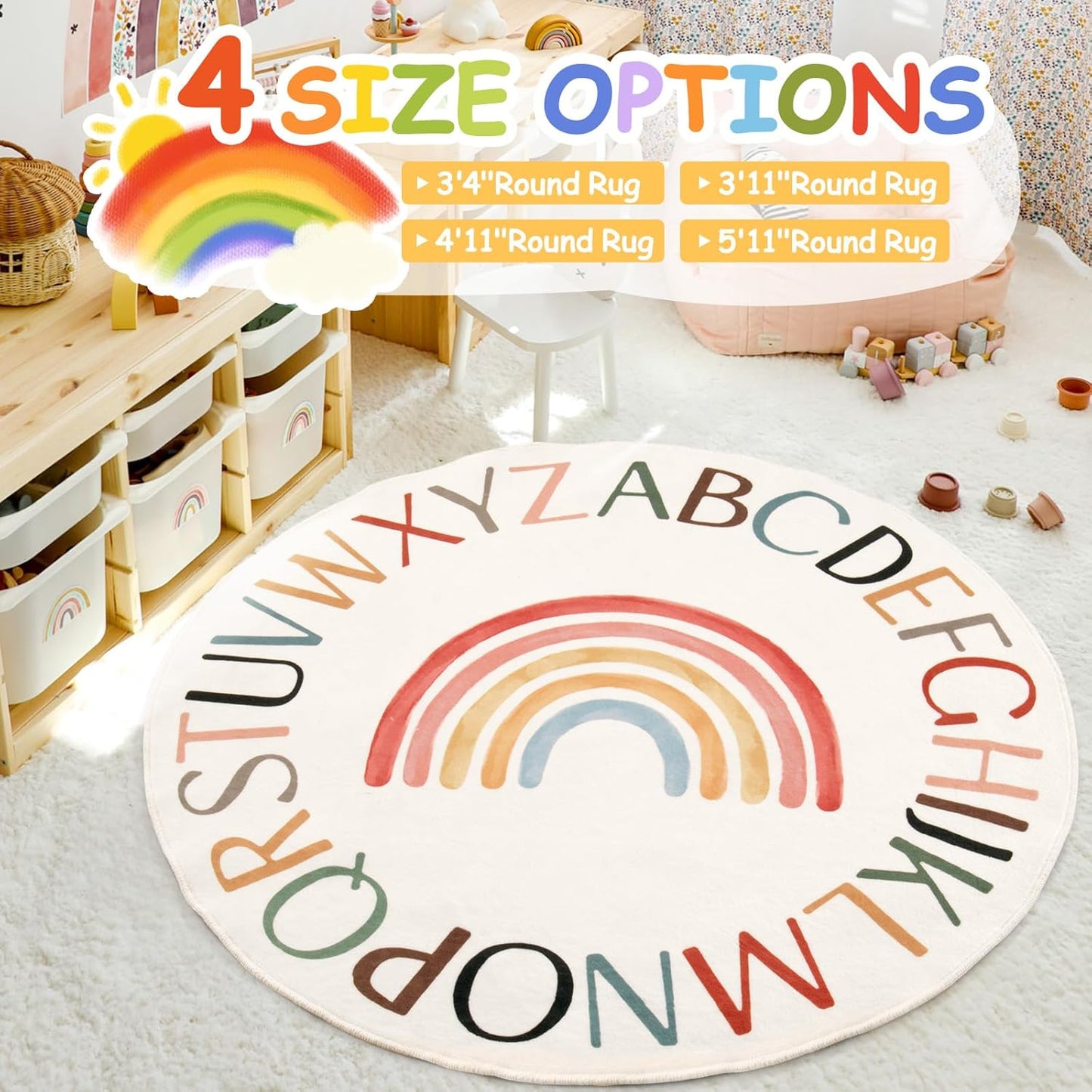 Nursery Rug Round Rainbow Classroom Rug Elementary, Non-Slip Rainbow Rug for Girls Room, Extra Large Learning Carpet for Kids Playroom, Circle Play Mat for Toddlers