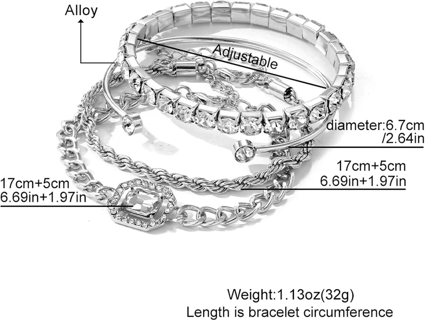 4 Pcs Dainty Gold Silver Bracelets Set for Women 14K Plated Link Cubic Zirconia Paperclip Stake Layering Chain Adjustable Trendy Hand Jewelry