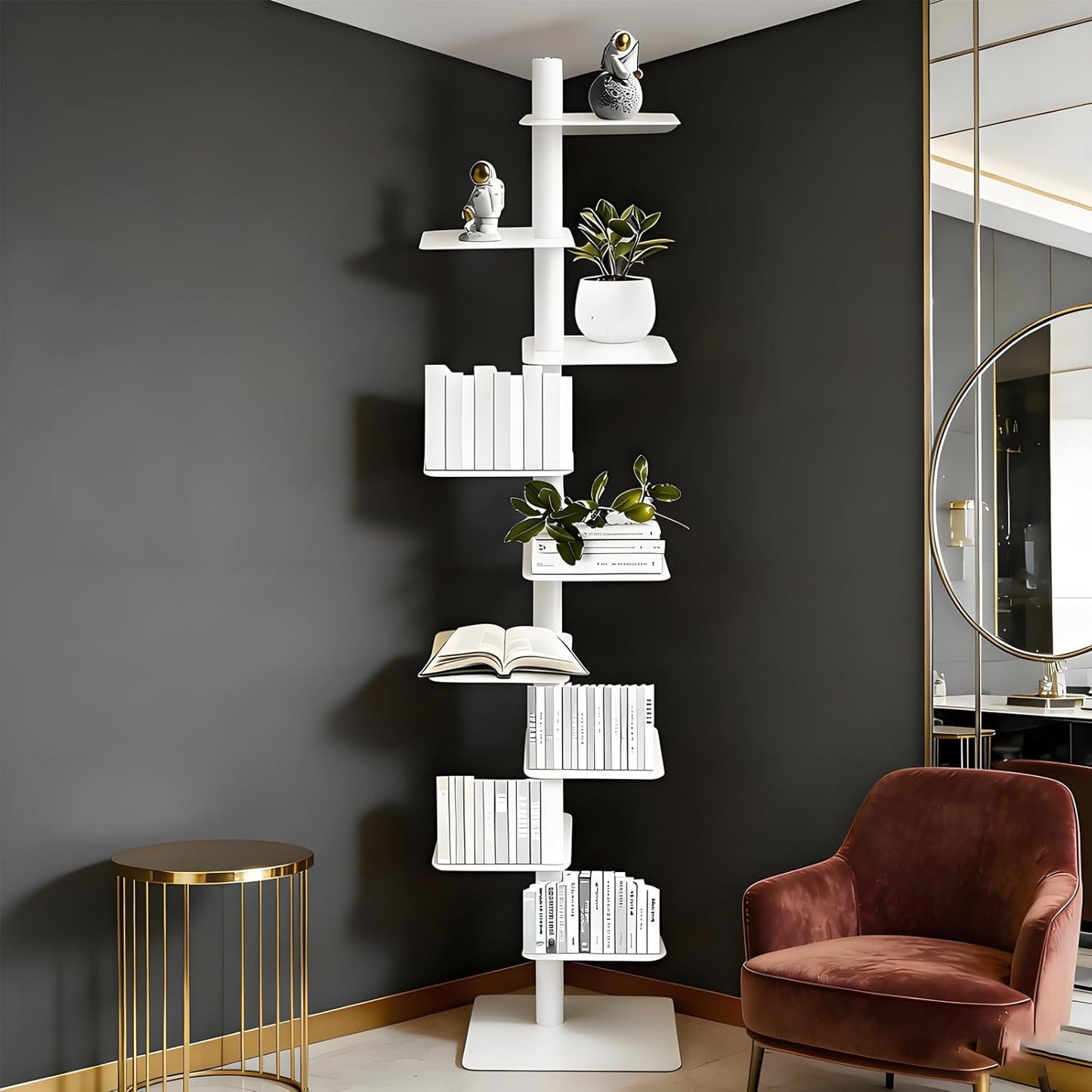9-Tier Rotating Book Shelf, 360° Spin Metal Spine Book Tower, Tall Narrow Corner Bookcase, Floor Standing Storage Shelf for Bedroom, Living Room, Home Office - White