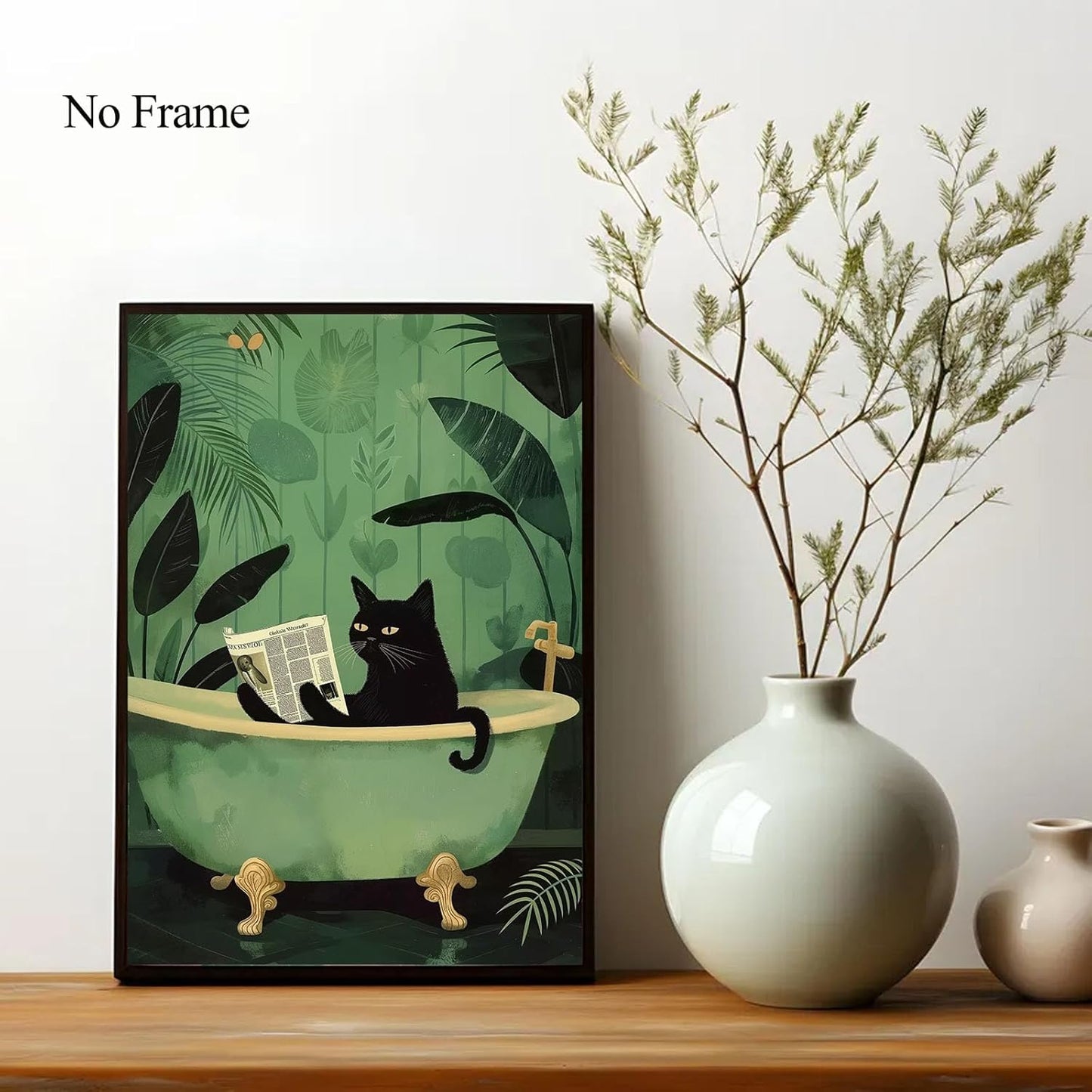 Funny Black Cat Wall Art Bathroom Cute Black Cat Reading Newspaper Picture Animal Bathtub Art Green Small Trendy Paintings Aesthetic Washroom Bathroom Wall Art Trendy Animal Poster 16x24inch No Frame