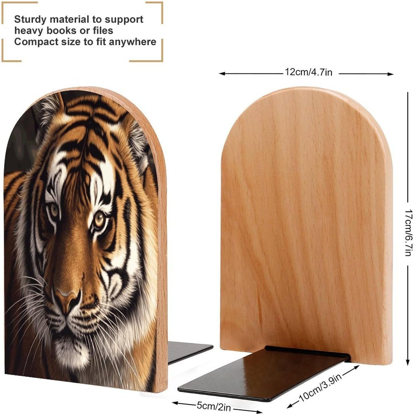 Bengal Tiger Bookend for Shelves Wooden Book End Large Size Sturdy Book Holders Stoppers with Metal Base for Bookshelves Slick Decorative Bookends Stands