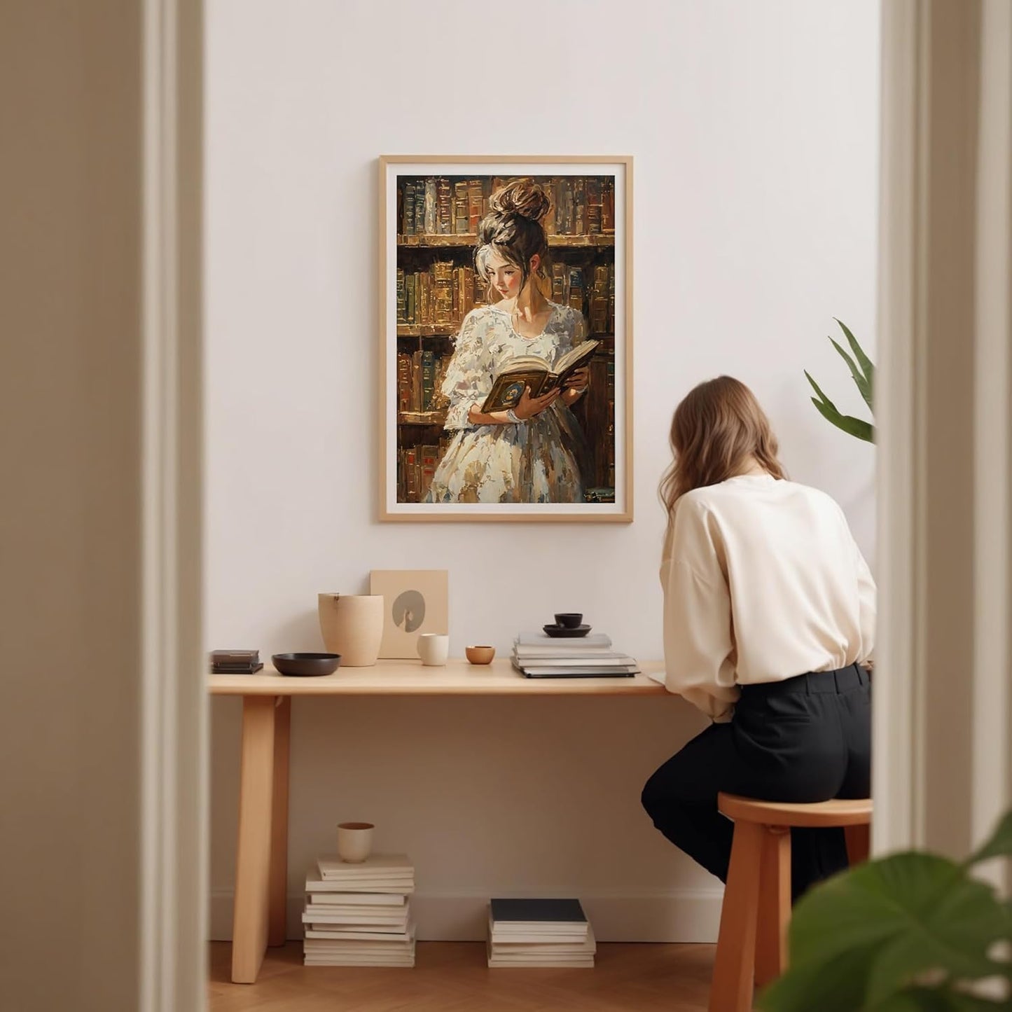 Aozomo Woman in Library Oil Painting Wall Art Vintage Style Oil Painting Canvas Print Female Portrait Oil Painting Pictures Prints Wall Decor Aesthetic Poster (12x18in,A-Unframed)