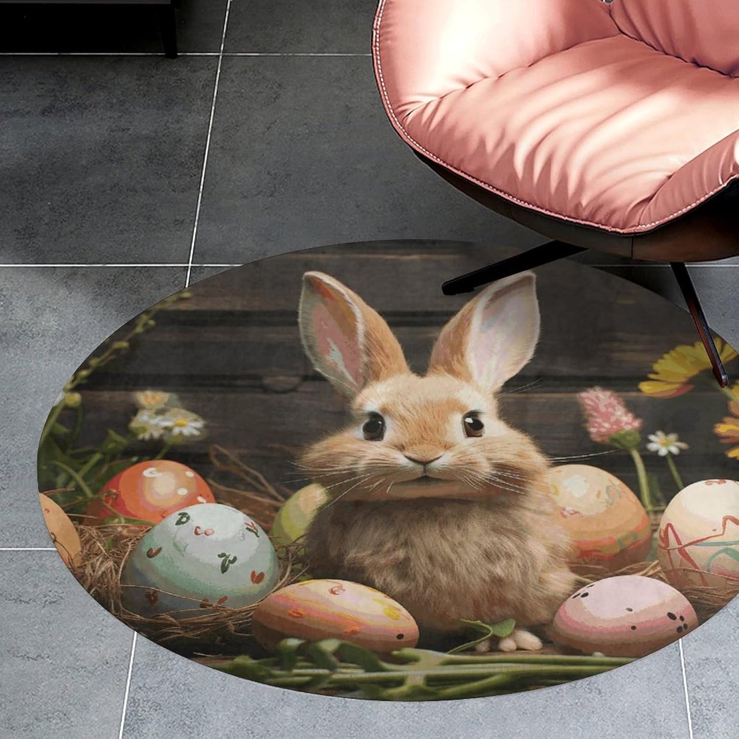 Easter Egg Bunny Circle Rug Retro Luxury Coral Velvet Floor Mat Non Slip Soft Indoor Floor Carpet Comfy Thickened Area Rugs Modern Aesthetic Minimalist Carpets for Home Decor