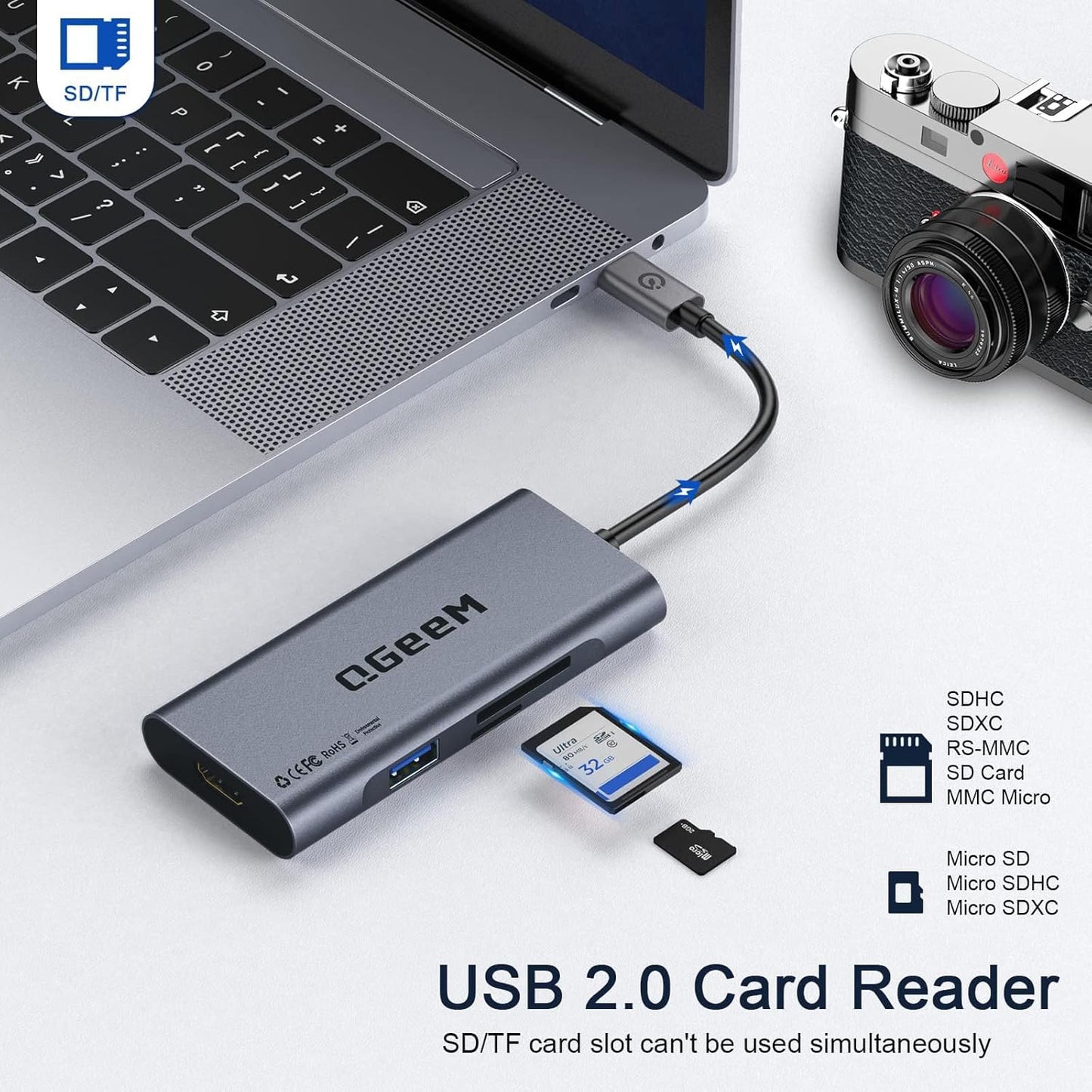 USB C Hub, QGeeM USB 4k to HDMI Adapter, 7 in 1 USB-C Dongle with 100W PD,USB 3.0, Card Reader, Compatible for MacBook iPhone 15/17 Ipad Pro max,Chromebook Laptop USB Type C Dock-Grey