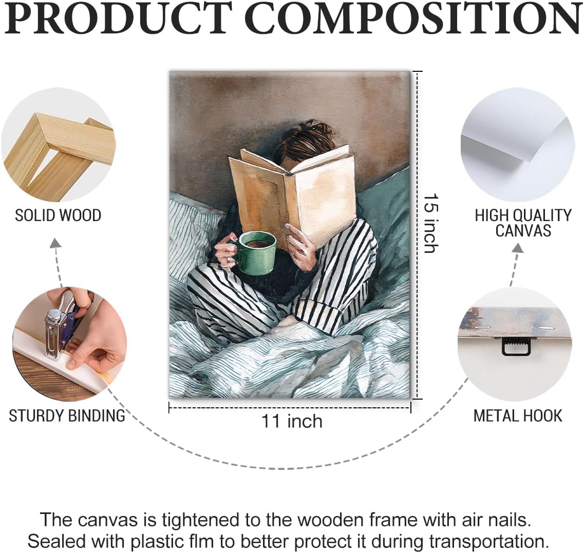 Minimalist Reading Woman Wall Art Decor Bookish Woman in Striped Bed Print Picture Book Lover Wall Decor for Home Bedroom 11x15 Inch Canvas Framed