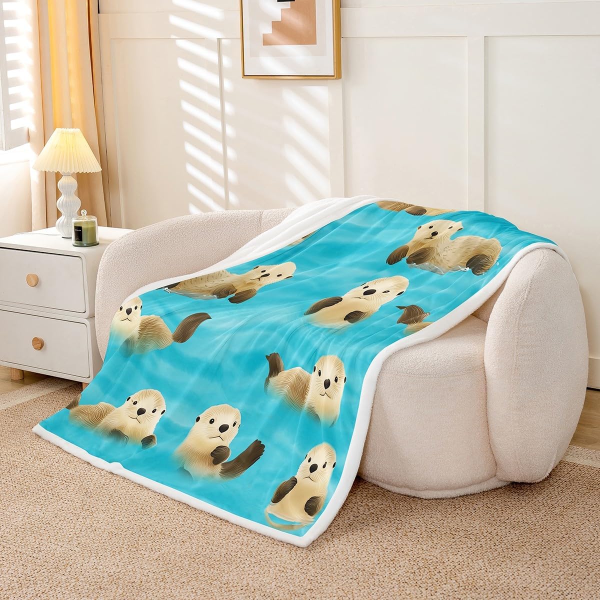 Feelyou Kids Fleece Blanket Cute Cartoon Otter Plush Blanket for Sofa Bed Couch Kawaii Zoo Animal Sherpa Throw Blanket Wildlife Otters Fuzzy Blanket Room Decor Throw 50"x60"