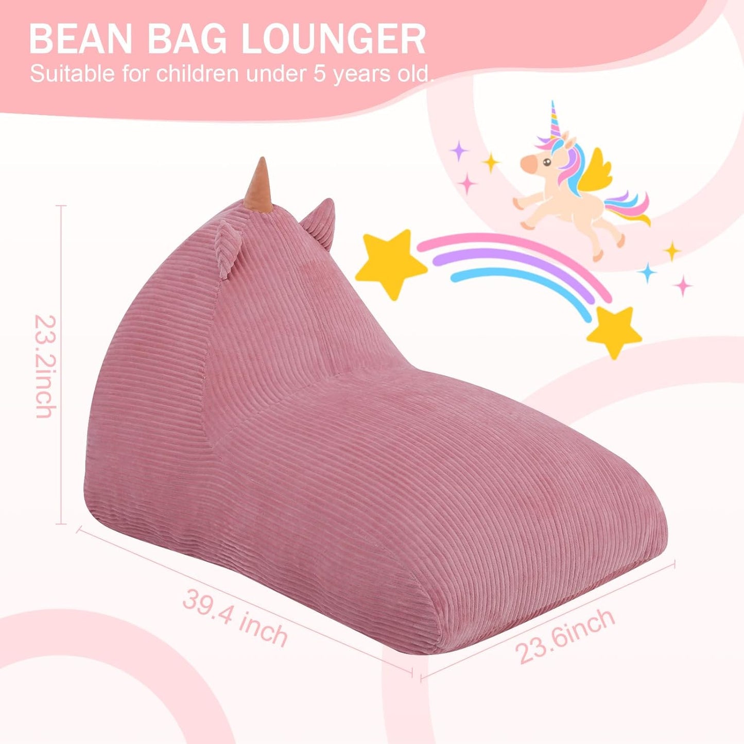 COMAX Bean Bag Chairs for Kids, Unicorn Kid Beanbag Chair with Filler, Toddler Lounge Bean Chair Corduroy, Lazy Floor Lounger for Girls and Boys Stuffed, Pink