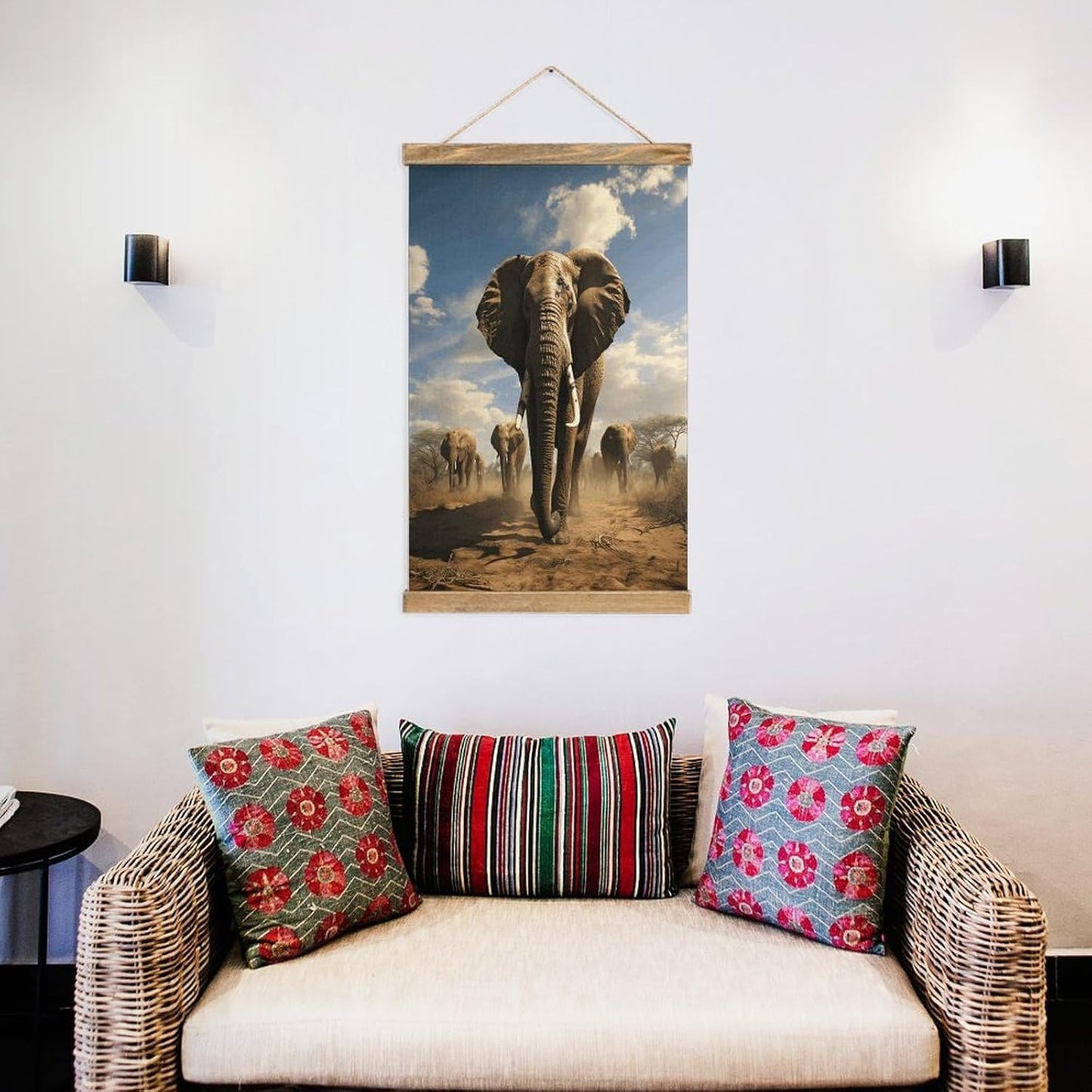 Vintage Ferocious Elephant Poster with Wooden Frame Personalized Linen Hanging Scroll Painting Rustic Wall Hanging Illustrative Modern Artwork Decor for Home Living Room Bedroom Office
