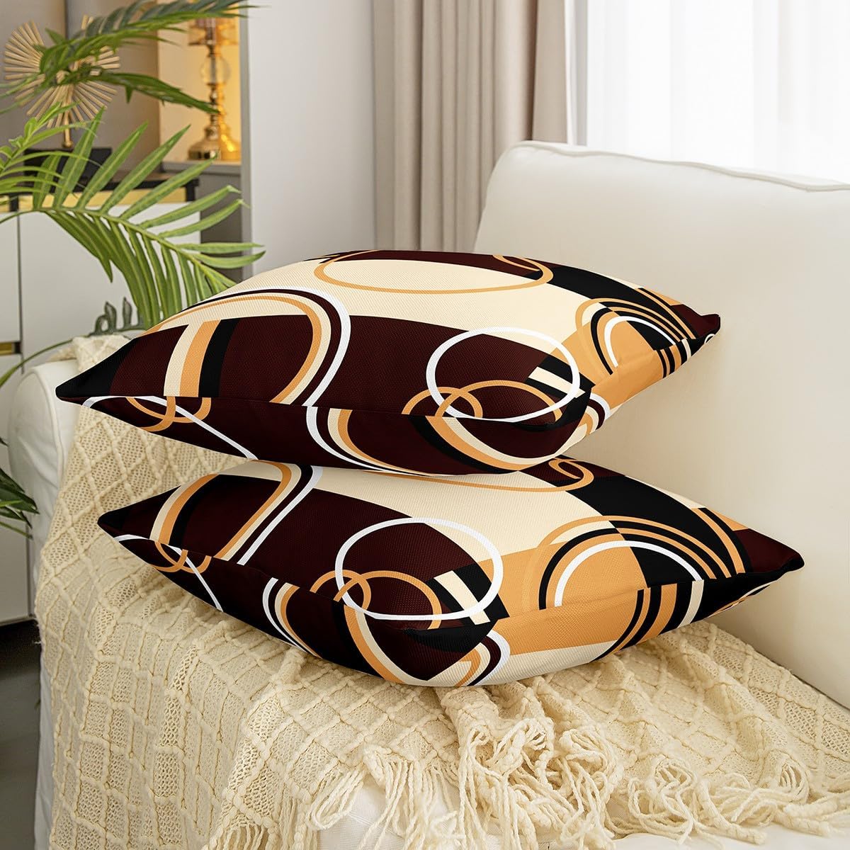 Modern Geometric Throw Pillow Covers 20x20Inch Set of 2 Brown Black Stripes Cushion Covers For Lumbar Support Bedroom Retro Circle Swirls Pillow Covers Abstract Texture Decorative Accent Pillow Cases