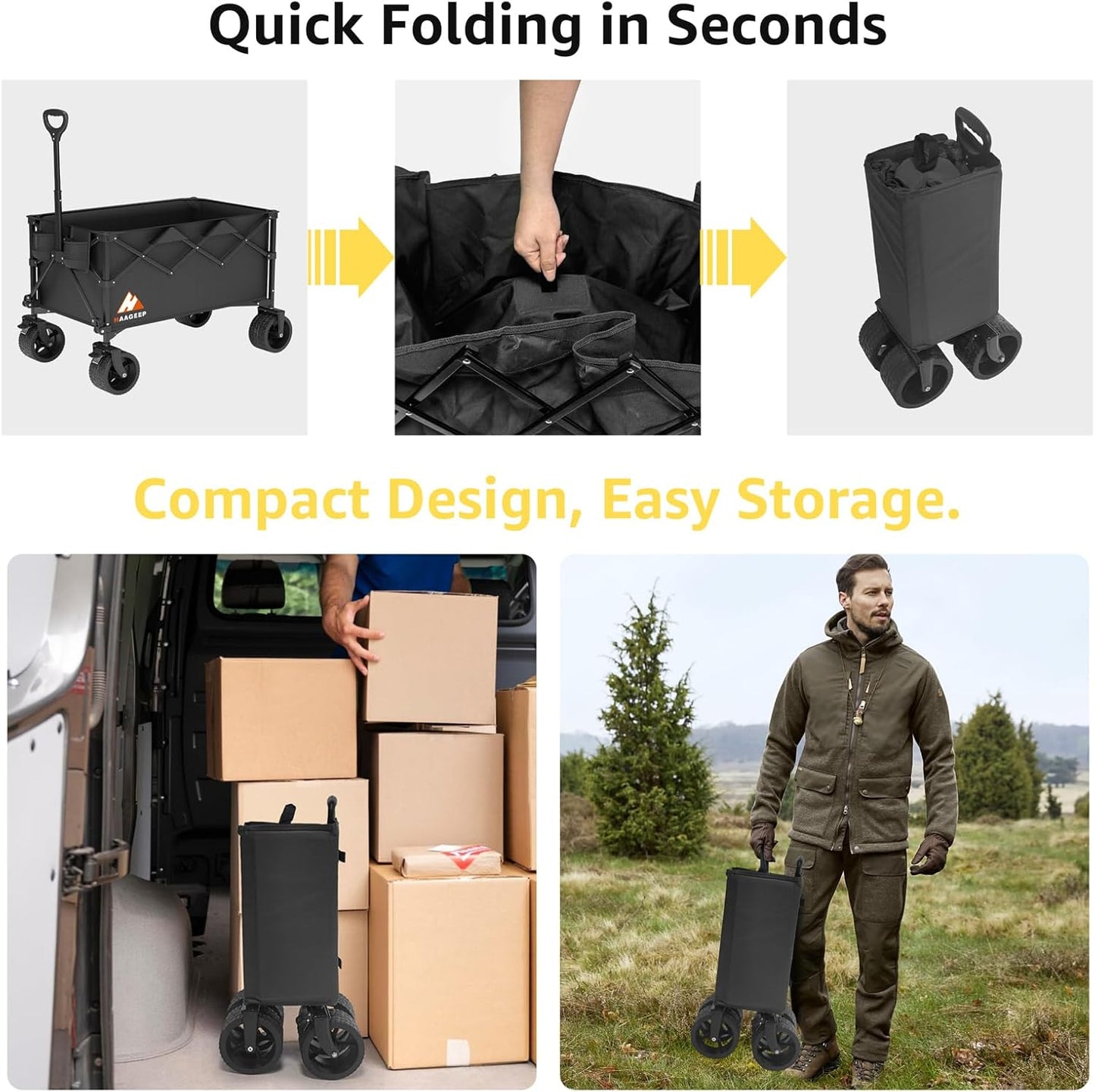 Collapsible Wagon Cart with Wheels Foldable - Folding Utility Heavy Duty Wagons Carts for Grocery Sports Garden Shopping Camping Wheelbarrows (Black200L)
