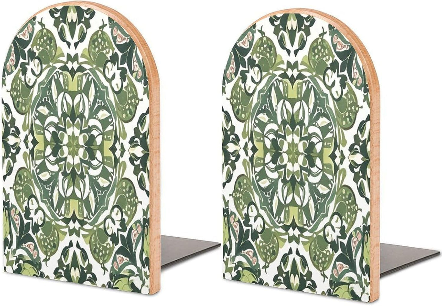 Green Decorative Pattern Bookends 1 Pair Heavy Duty Book Ends for Shelves Non-Skid Bookend Supports Wooden Book Holders with Metal Base Desk Organizers Books Storage to Hold Books