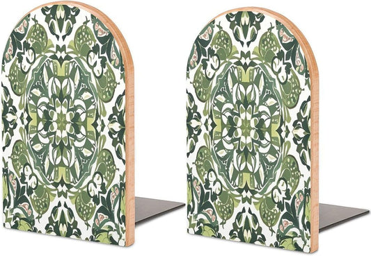 Green Decorative Pattern Bookends 1 Pair Heavy Duty Book Ends for Shelves Non-Skid Bookend Supports Wooden Book Holders with Metal Base Desk Organizers Books Storage to Hold Books