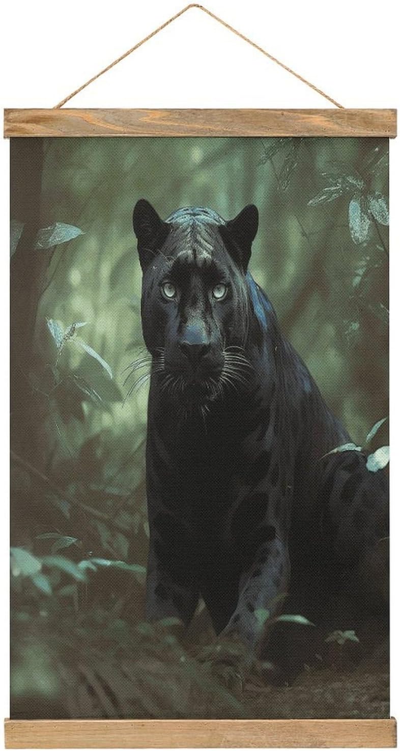 Vintage Forest Panther Poster with Wooden Frame Personalized Linen Hanging Scroll Painting Rustic Wall Hanging Illustrative Modern Artwork Decor for Home Living Room Bedroom Office