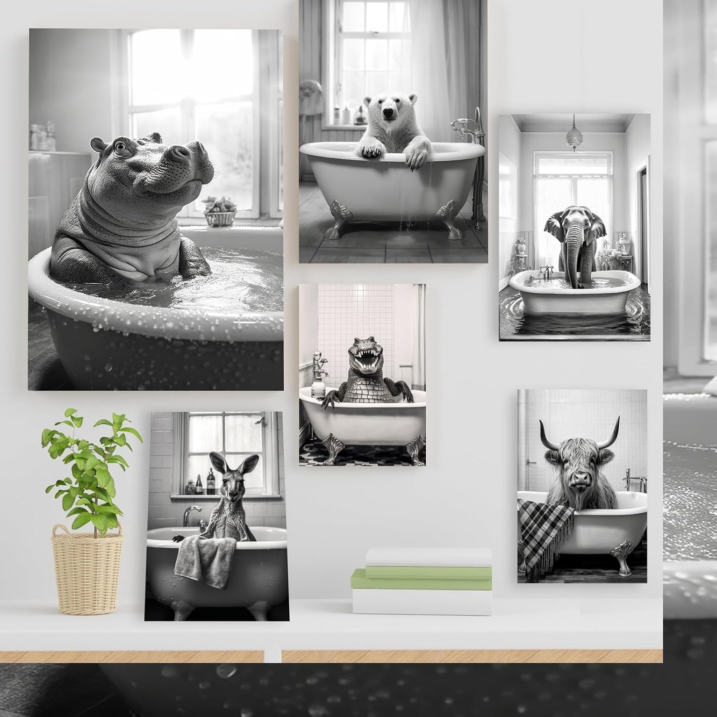 Funny Crocodile Bathroom Decor Wall Art (Black Aluminum L16"xW12" Frame) Prints Painting , Vintage Black and White Rustic Style Cute Animals Canvas Art Poster for Restroom Decoration, Farmhouse Wall