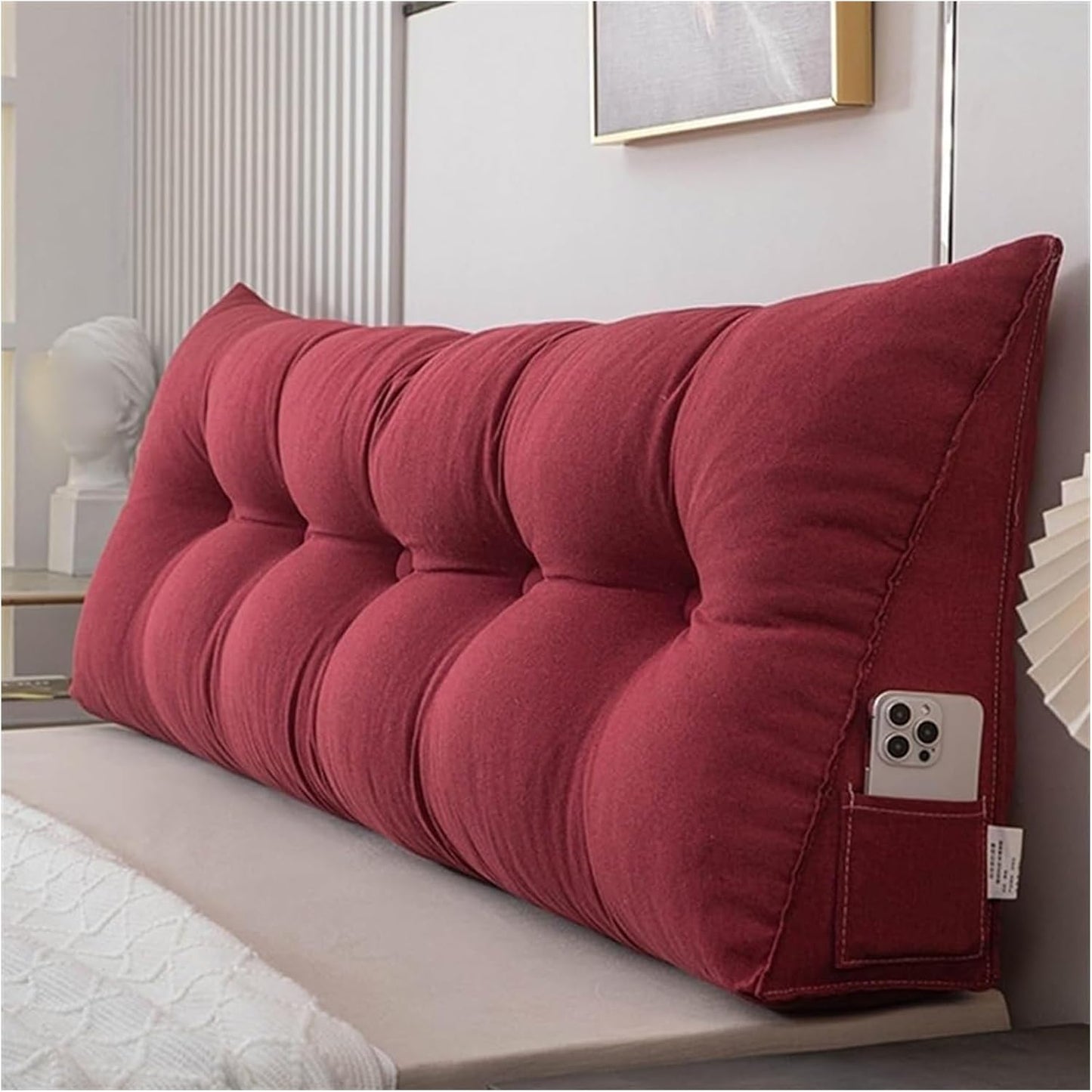 Supportive Foam Headboard Backrest Pillow with Removable Cover & Side Pockets, Ideal for Neck & Back Comfort While Lounging, Beige, 60x50x20cm (Rose Red 60x50x20cm)