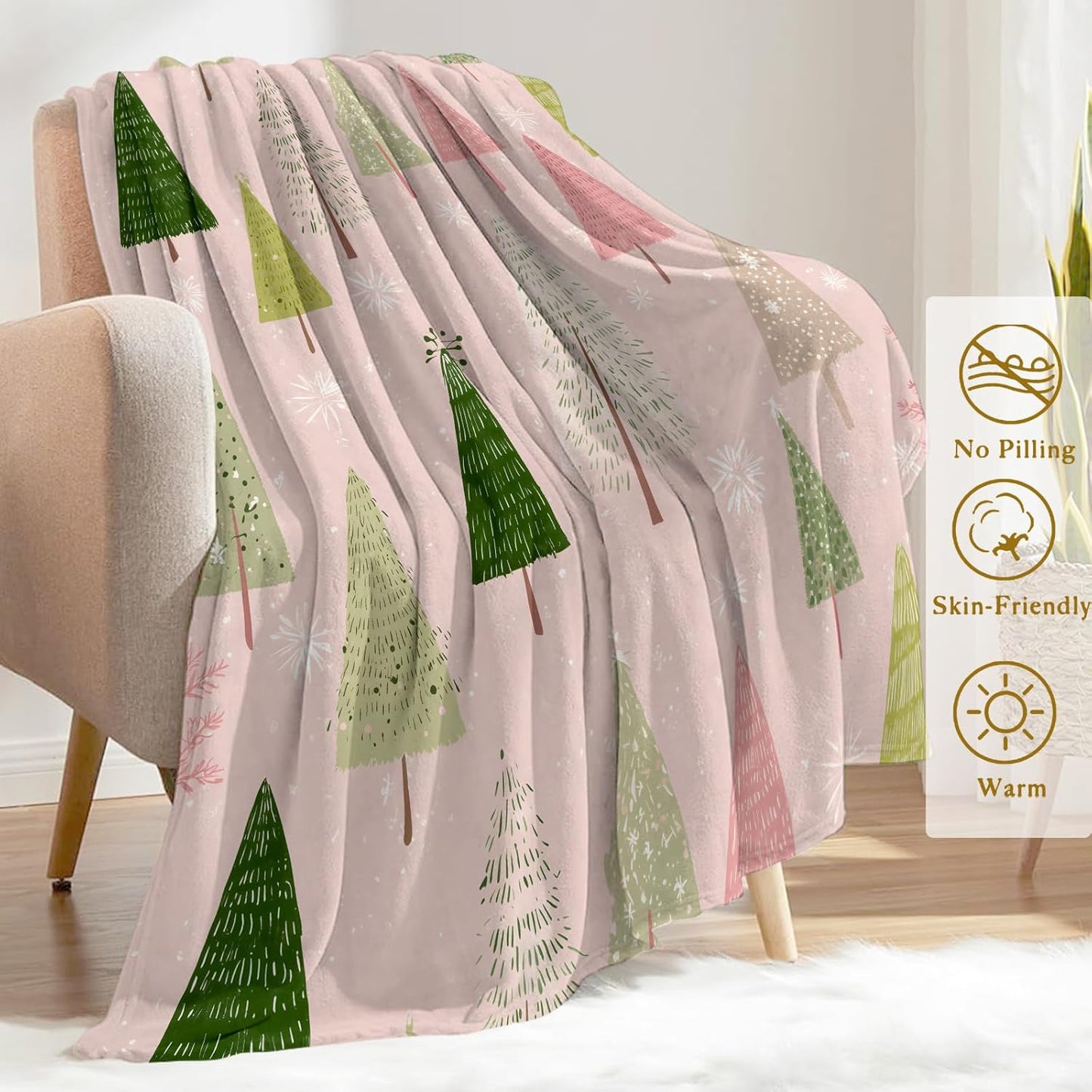 Christmas Tree Decorative Blanket, Hand Drawn Design Pink Background Print Throw Decoration, Soft Flannel Winter Blankets for Couch Bed Sofa, Holiday Home Decor, Xmas Festival Gifts 50x60 Inch