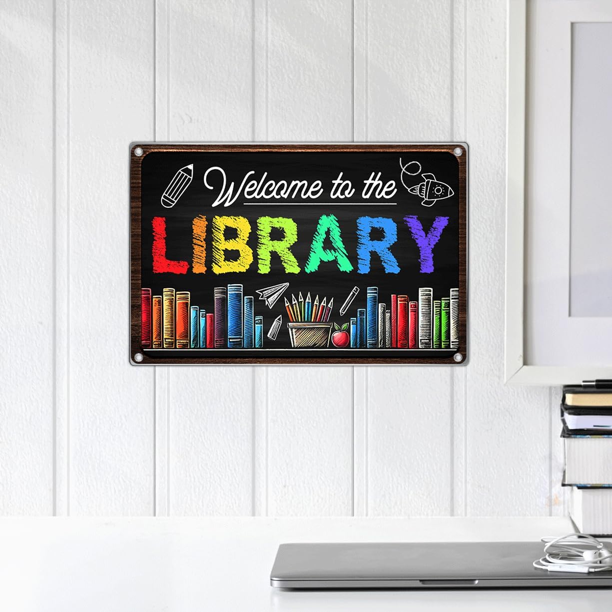 Welcome To The Library Sign 12 x 8 Inch Metal Wall Decor Chalkboard Style Colorful Book Lover Reading Corner Classroom Teacher Student School Decoration Art Home Outdoor
