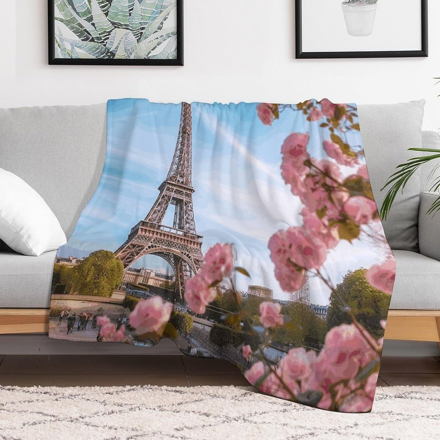 Paris Eiffel Tower with Flowers Blanket Super Soft Lightweight Throw Blanket Cute Cozy Warm Bed Blanket Decorative Fuzzy Blanket All-Season Home Decor Gift for Sofa Couch Living Room 40"*50" （100*130c