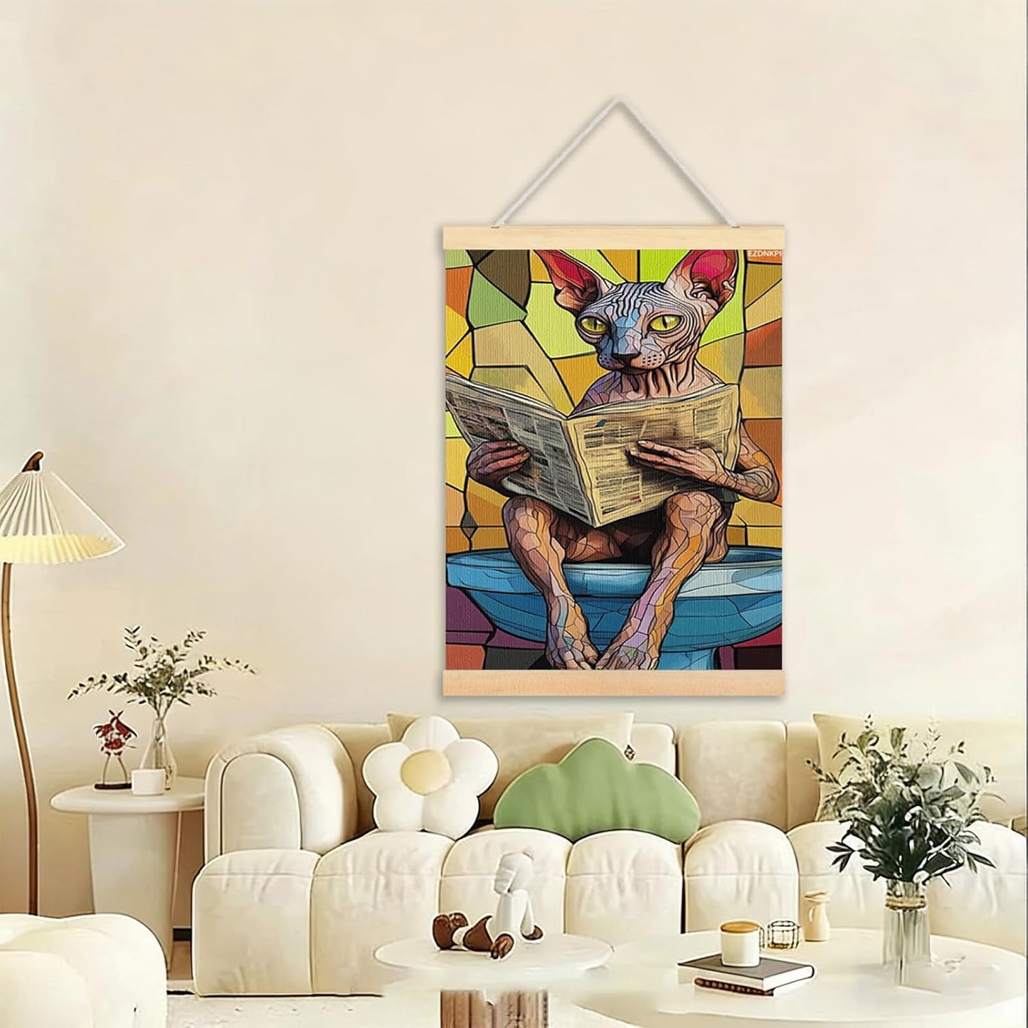 Cat Reading Newspaper Canvas Wall Art, Polychrome Abstract Decor, Bathroom Aesthetic Art for Living Room, Bedroom, Office 24x36 Inch Framed