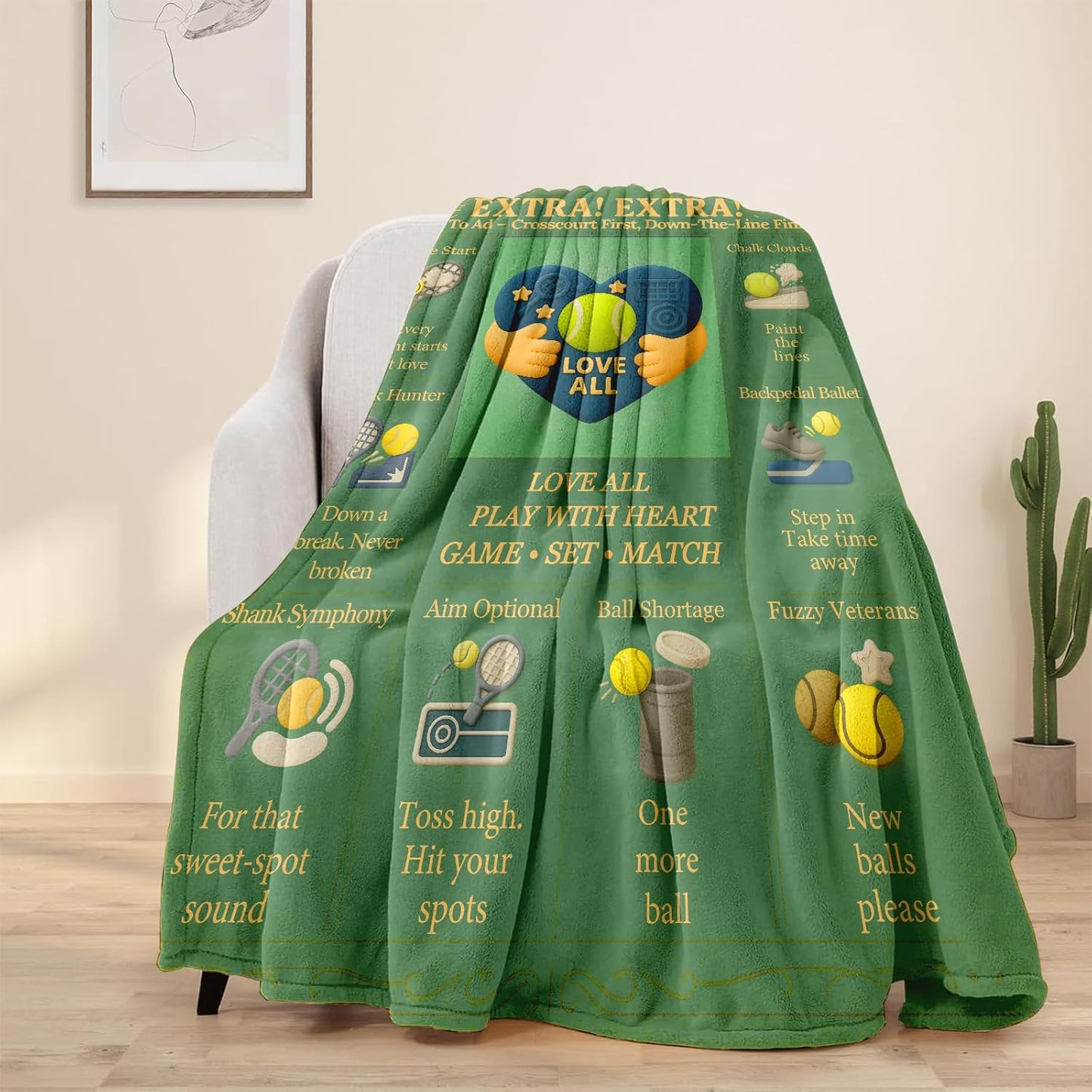Tennis Throw Blanket 60x50in, Flannel Fleece – Green Court Heart Design, Soft Warm Couch Bed Decor, Gift for Tennis Lovers, Coach Appreciation, Sports Room Decor