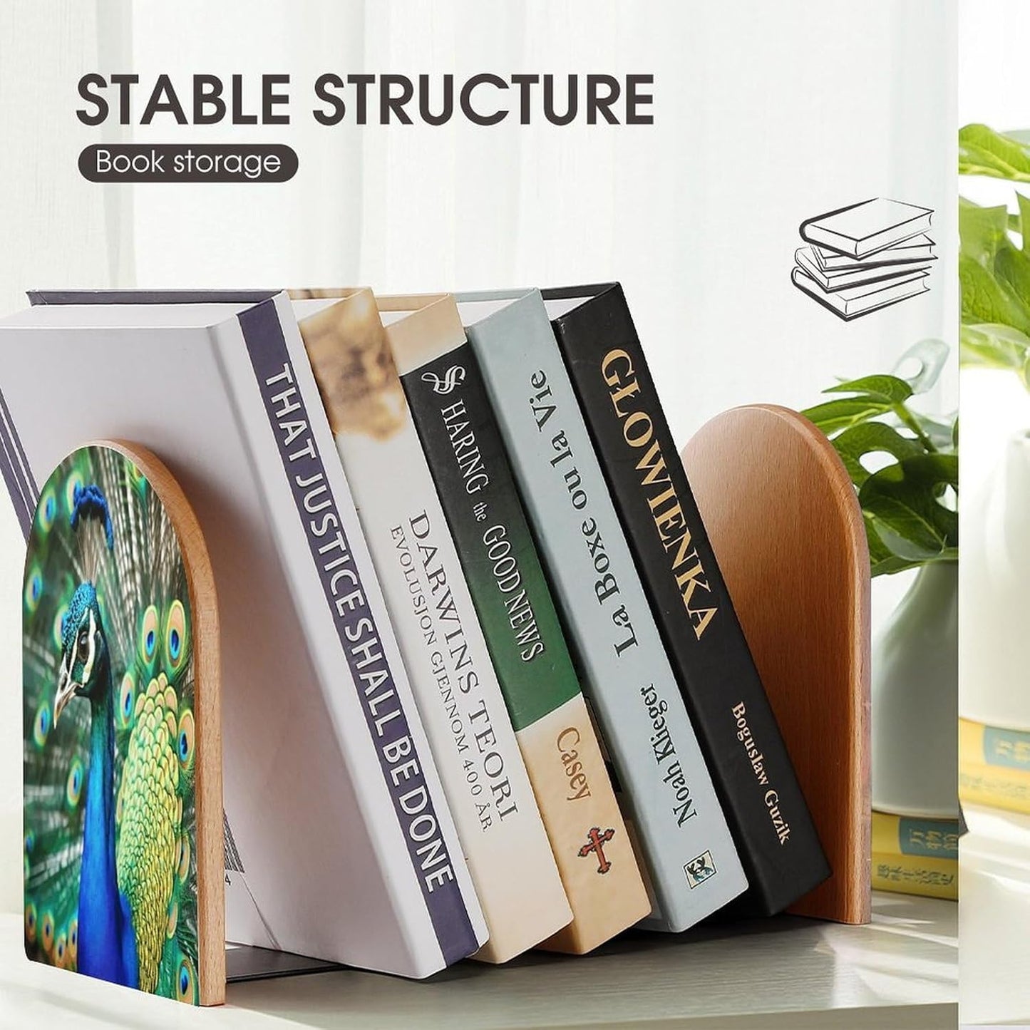 Beautiful Peacock Bookend for Shelves Wooden Book End Large Size Sturdy Book Holders Stoppers with Metal Base for Bookshelves Slick Decorative Bookends Stands