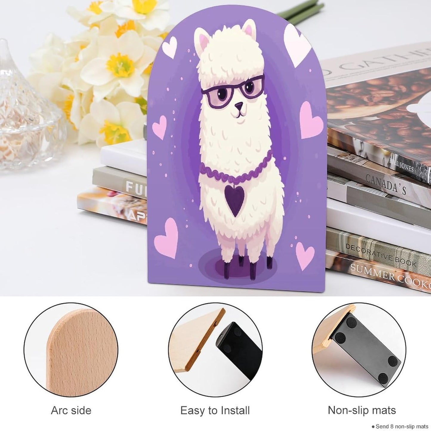 Non-Slip Bookend for Shelves Love Alpaca Purple Wooden Bookends with Metal Base Decorative Book Stopper for Home Heavy Duty Wood Book Storage for Books/CDs
