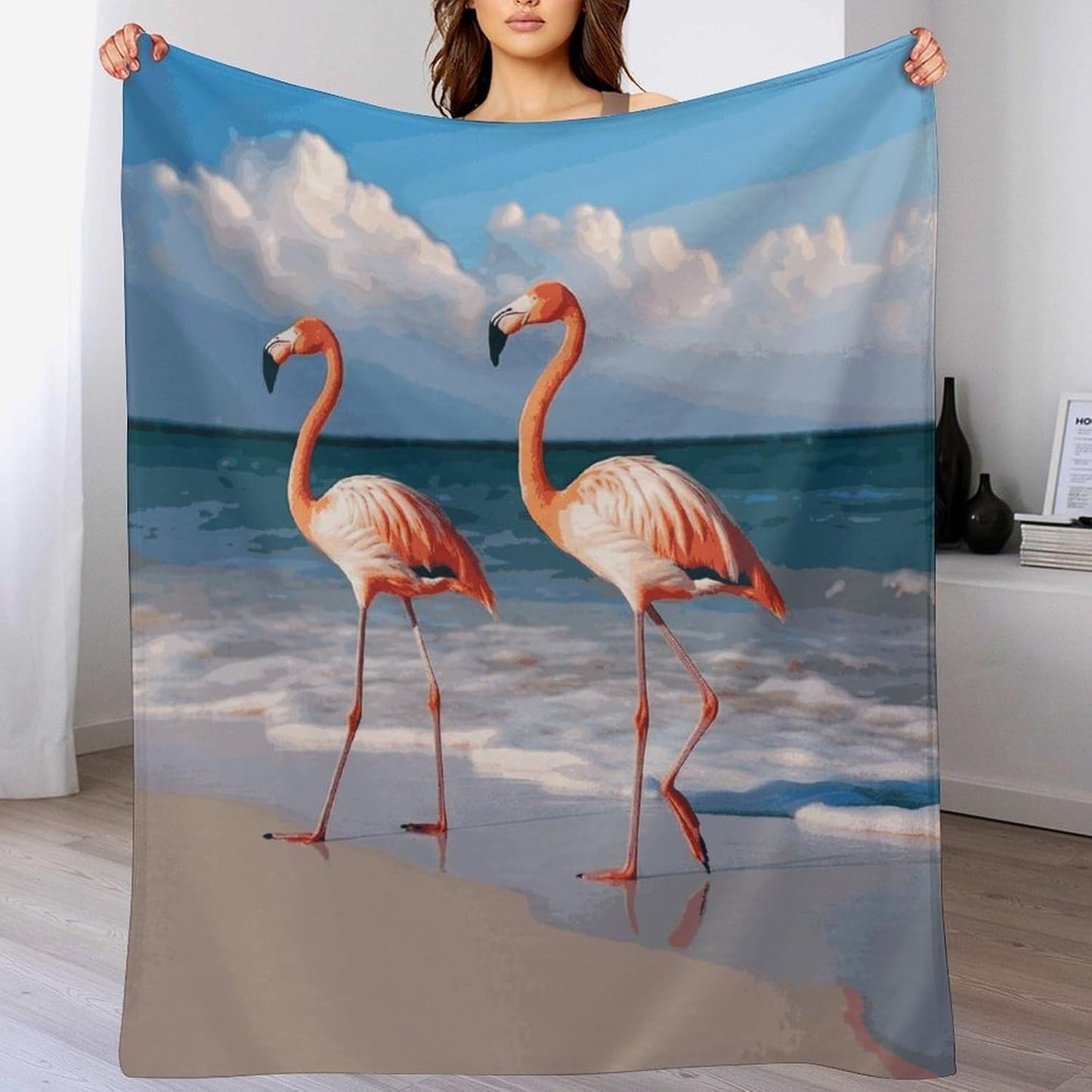 Pink Flamingo Walking on The Beach Blanket Super Soft Lightweight Throw Blanket Cute Cozy Warm Bed Blanket Decorative Fuzzy Blanket All-Season Home Decor Gift for Sofa Couch Living Room 60"*80"（150*20
