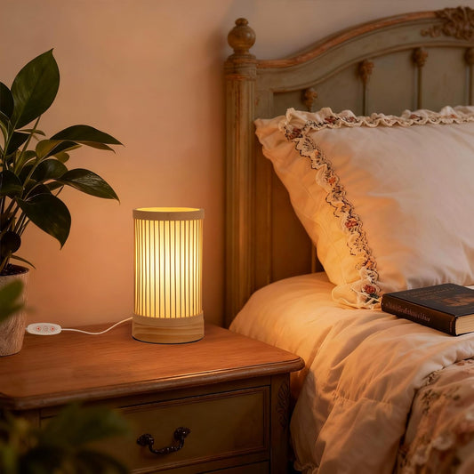Bamboo Table Lamp, Small Boho Rattan Lamp Decorative with Dimmable Light, Woven Bedside Lamp for Bedroom, Cozy Nightstand Desk Lamps for Cafe/Entryway/Tabletop/Shelf Decor