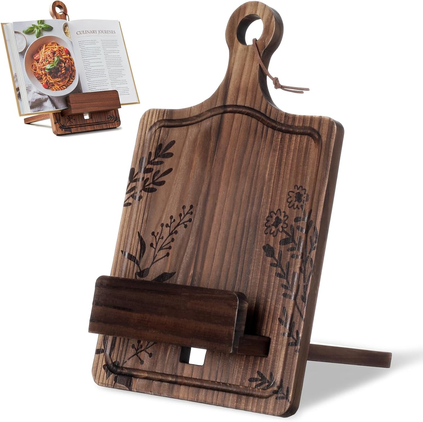 Geelin Wooden Cookbook Stand with Charging Slot Cutting Board Book Holder for Kitchen Counter Adjustable Recipe Book Holder Floral Farmhouse Cookbook Stand Kitchen Gifts for Chef Mom Dad Cooking Lover