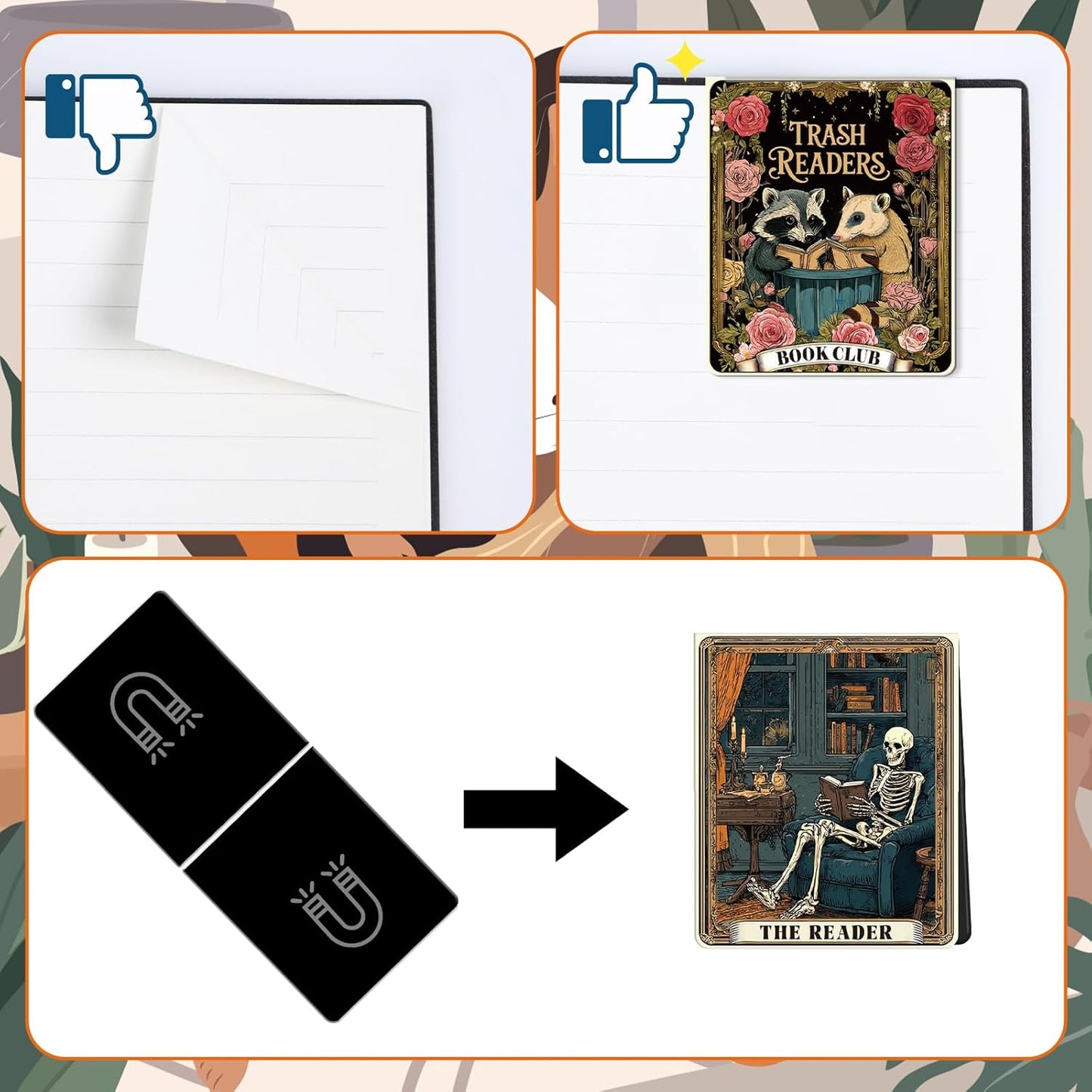 Skeleton Tarot Magnetic Bookmark Gifts - Wxiben 16 Pcs Gothic Skull Reading Bookmarks Magnetic Funny Horror Skeleton Book Markers Magnets Page Clip Gift for Women Men Reader Students Teacher Office