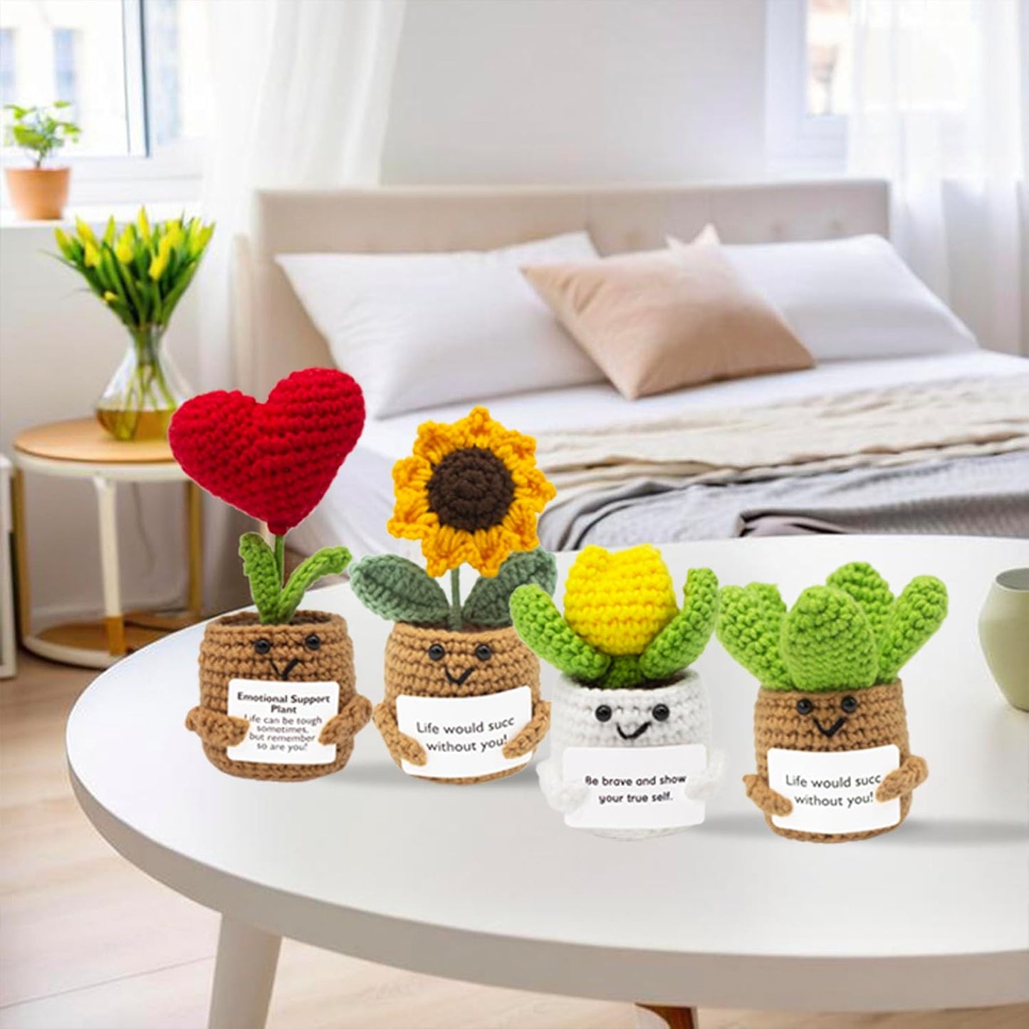 Crochet Positive Plant Set Handmade Knitted Cactus Toy Cute Funny Emotional Positive Life Doll Gifts with Encouraging Card for Coworker Friends Room Decor 4PCS