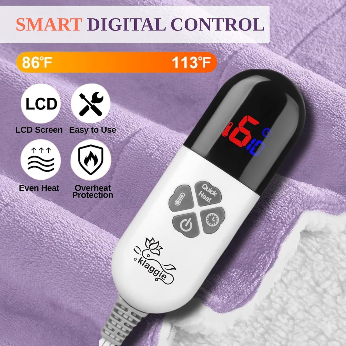 Electric Heated Throw Blanket Sherpa 50"x60" Purple Machine Washable 6 Heat Settings 4 Hours Auto Off Overheat Protection for Home Office Use