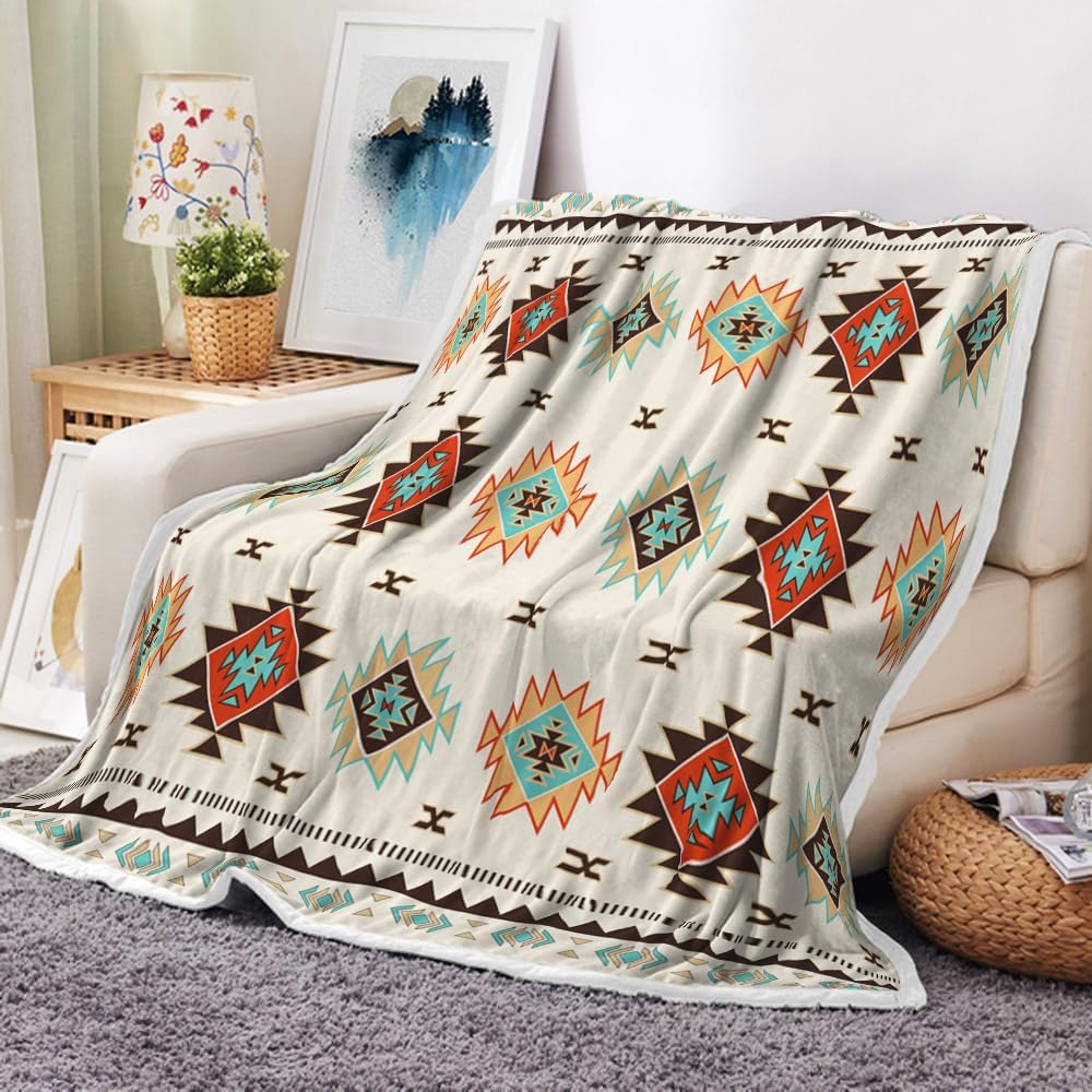 Southwestern Throw Blanket, Western Native American Tribal Navajo Boho Soft Warm Cozy Plush Comfy Blanket for Couch Bed Sofa, Aztec Geometric Fleece Flannel Throws for Living Room Bedroom 60X80IN