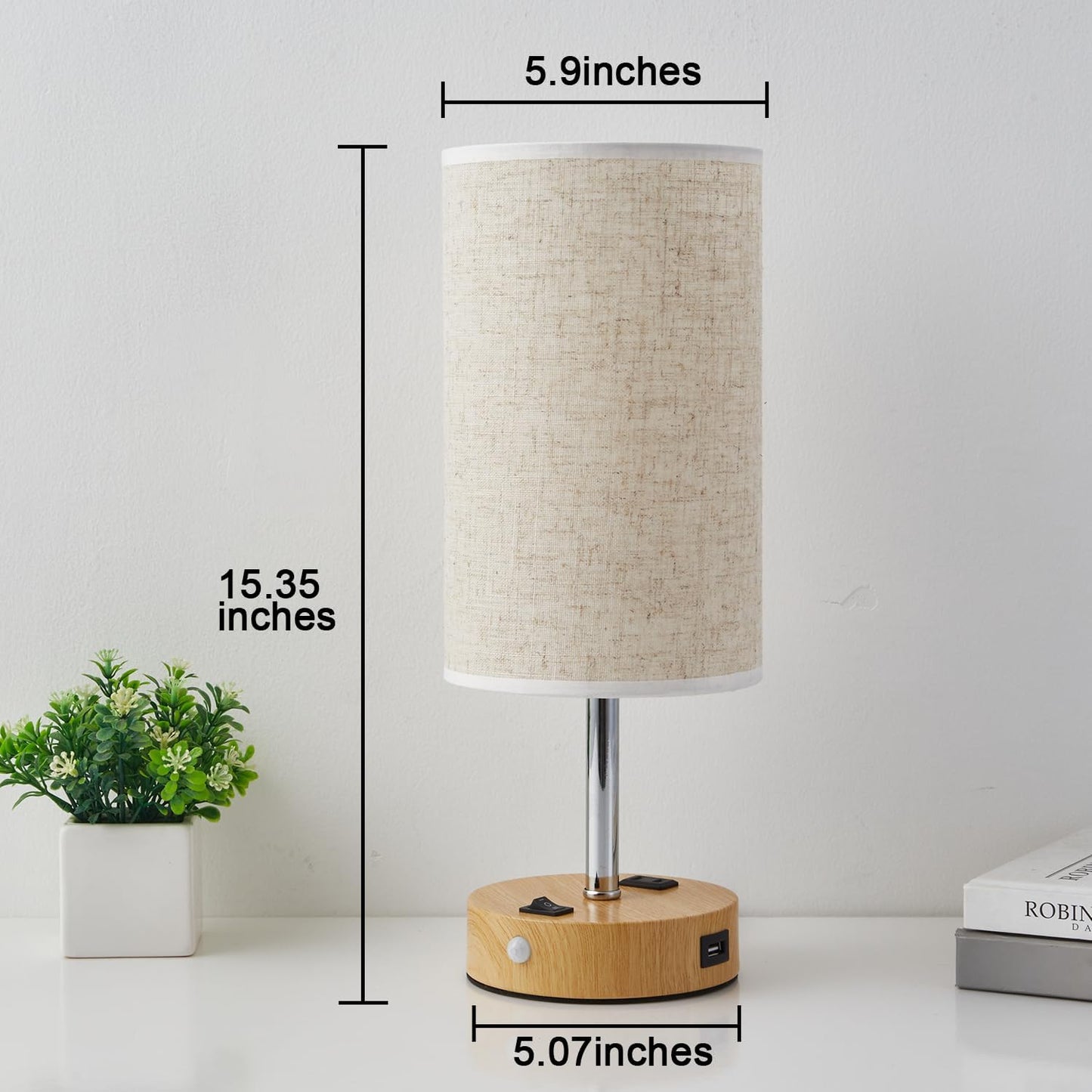 Table Lamp with Motion Sensor or Constant on Mode, USB Lamp Include One LED Bulb, Built in 1 USB Port & 1AC Outlet, Bedside Lamp Idea for Bedroom, Hallway, Bath Room