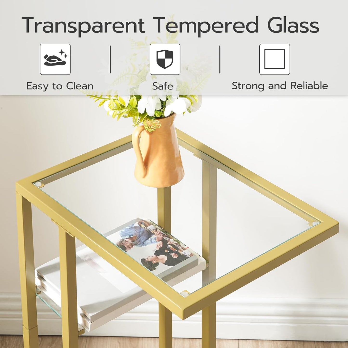 HOOBRO C Shaped End Table, Small Side Table for Couch, Gold Sofa Table with Tempered Glass, Coffee Table, Slide Under Couch, for Living Room, Bedside, Bathroom, Gold GD08SF01