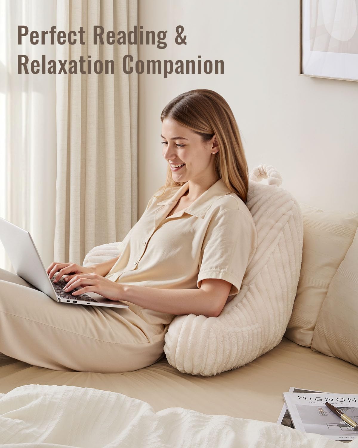Blissful Diary Reading Pillow for Sitting in Bed, Flannel Back Pillow Bed Sitting Up for Adult & Children, Backrest Cushion for Sit Up in Couch or Floor, Dorm Essentials, Cream White