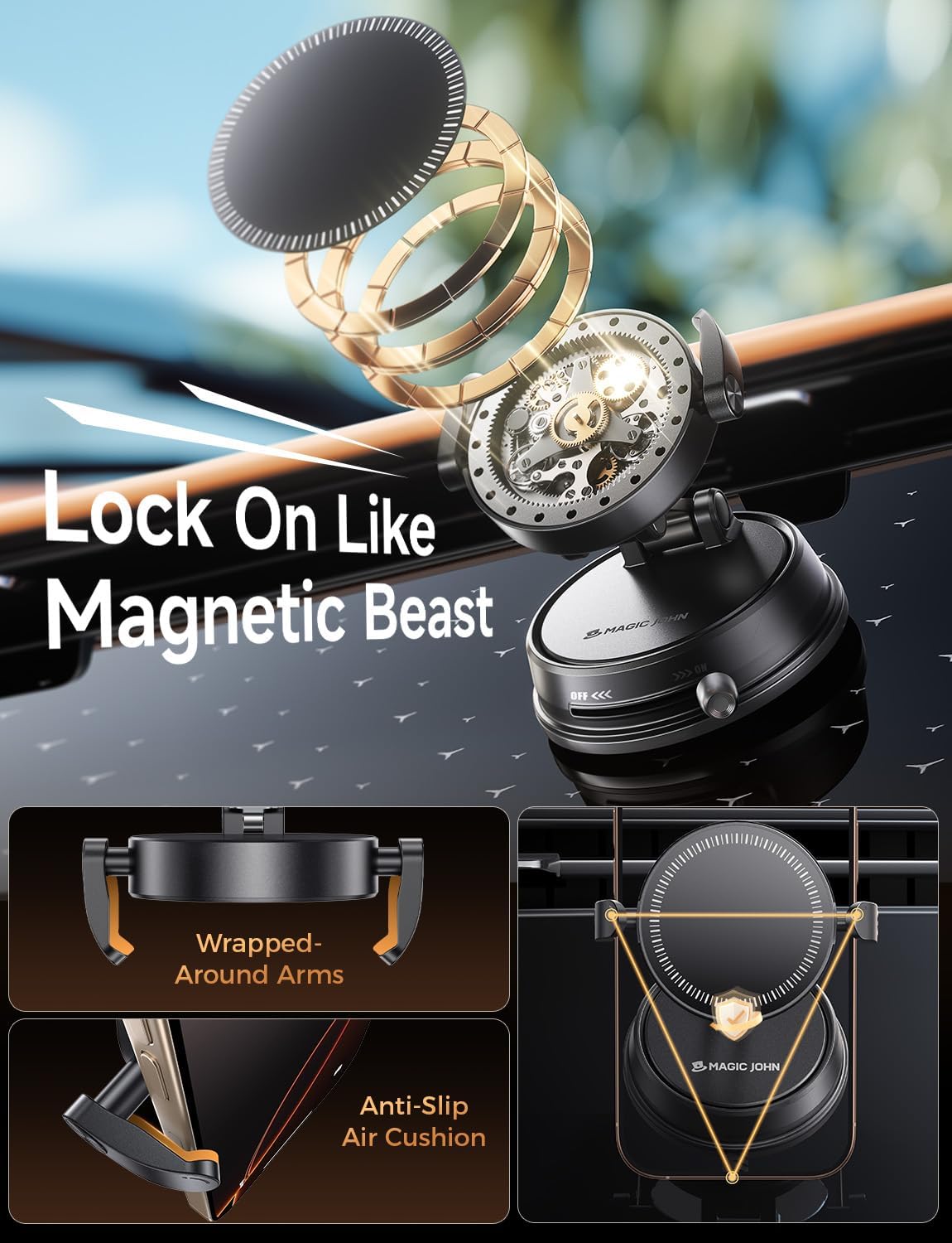 MAGIC JOHN for MagSafe Car Mount [20 N55 Magnets & Clip Arm] 360° Adjustable Magnetic Phone Holder for Car Phone Holder Mount Holders Cell Phone Holders for Your Car Accessories for iPhone 17 Promax