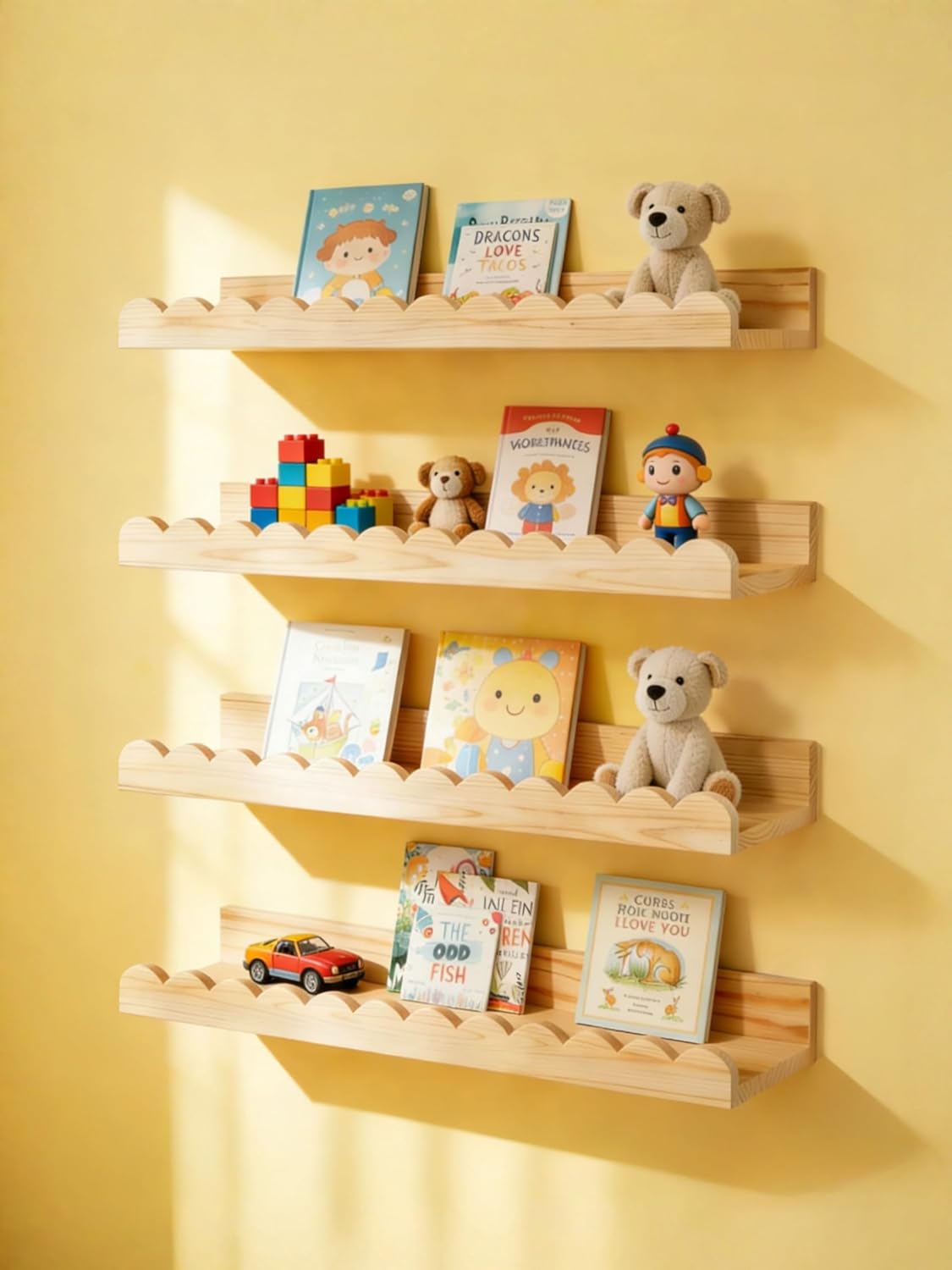Scalloped Shelves for Nursery - Wall Book Shelves for Bedroom Kids, Nursery Bookshelf for Wall Set of 4, Floating Book Shelves Solid Wood,16 Inch, Natural