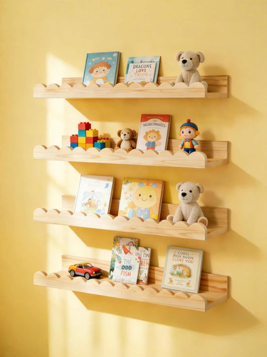 Scalloped Shelves for Nursery - Wall Book Shelves for Bedroom Kids, Nursery Bookshelf for Wall Set of 4, Floating Book Shelves Solid Wood,16 Inch, Natural