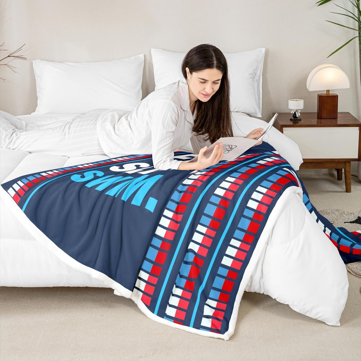 Swim Lover Bed Blanket Water Sports Theme Throw Blanket Lightweight Soft Cozy Luxury Swimming Lane Fleece Blanket Navy and Red Flannel Blanket for Sofa Bedroom Office Travel All Season(Twin 60"x80")
