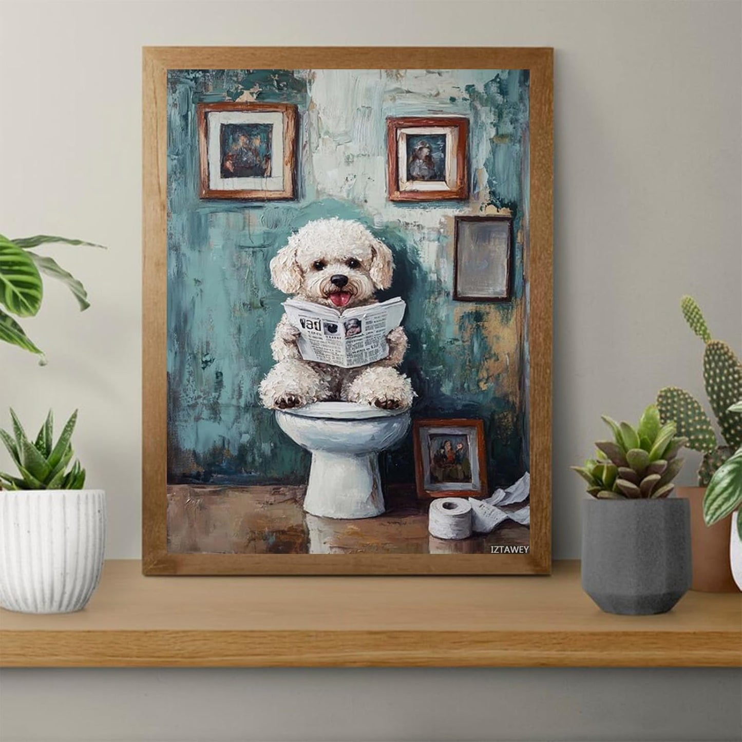 Bichon Frise Dog Sitting on The Toilet and Reading A Newspaper Posters Art Living Room Canvas Wall Pictures Giclee Prints for Bedroom 12x16inch Frameless