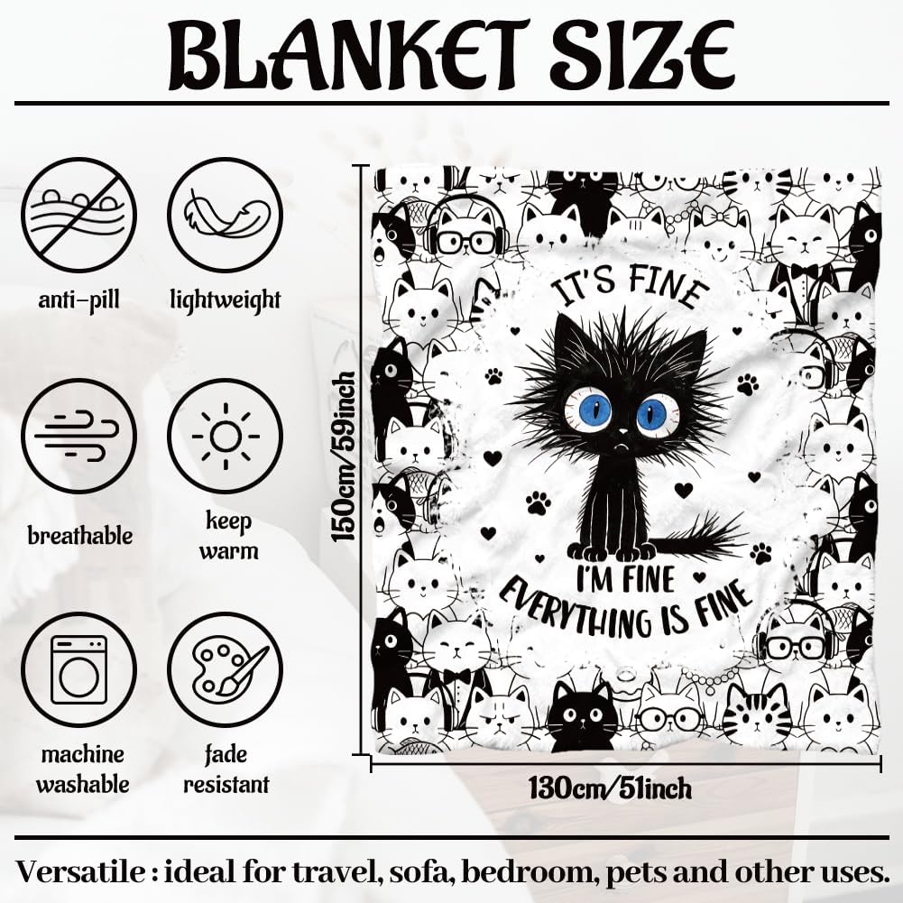 WADORN Funny Cat Throw Blanket, Cozy Soft Cute It’s Fine Kitten Throw Blanket Fuzzy 500GSM Flannel Fleece Blankets Plush Cats Lover Gift for Woman Office Living Room Sofa Bed Couch Chairs, 59x51 Inch