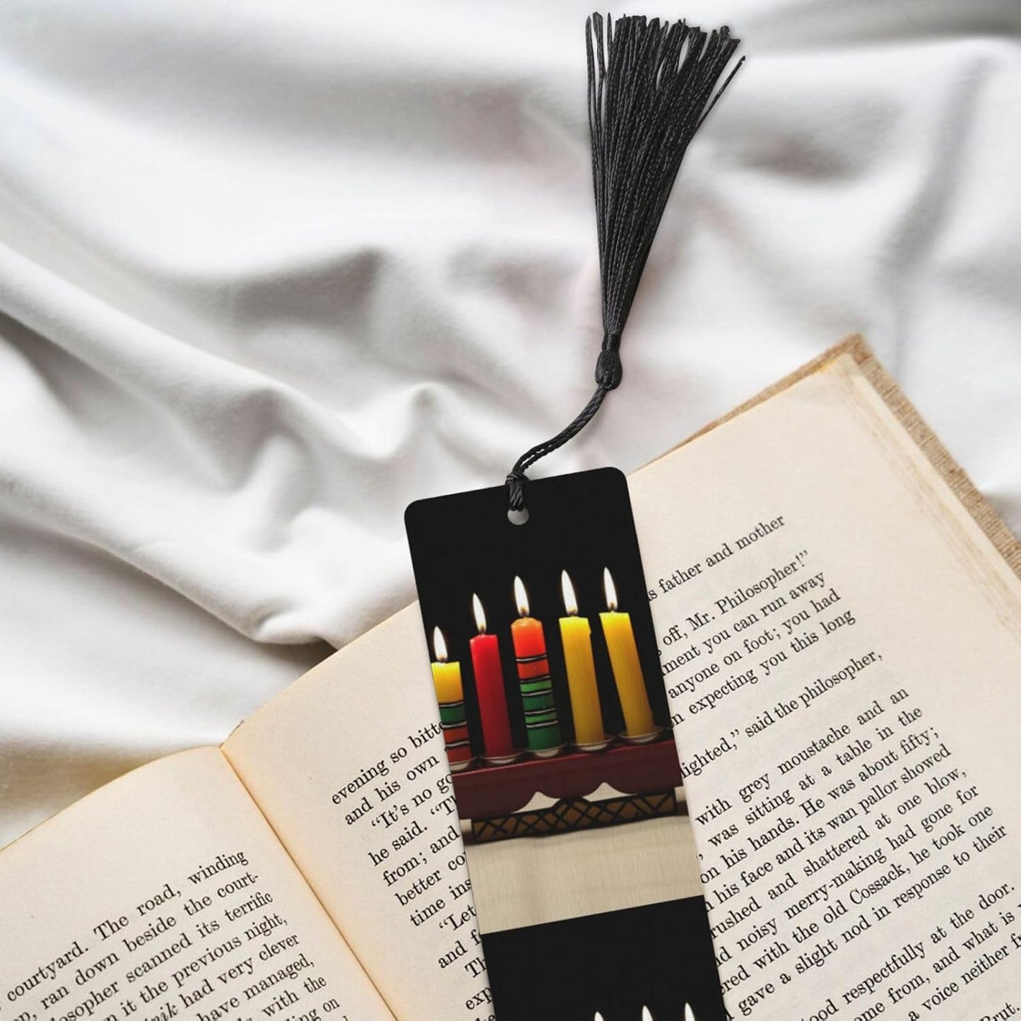 Kwanzaa Candles Wooden Bookmarks Handmade Double-Sided Printed Book Marks Page Markers with Black Tassels Book Accessories Gift for Book Lovers Women Men
