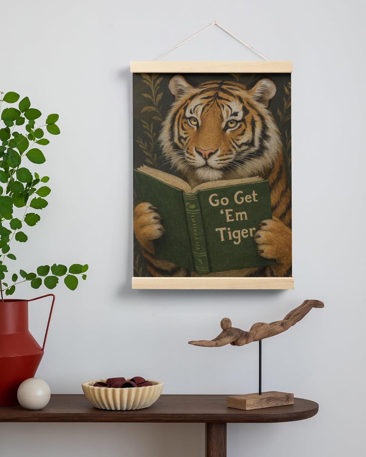FGFK Vintage Motivational Tiger Reading Wall Art Poster Hanger Frame, Go Get Em Bookish Tiger Funny Animal Canvas Prints Framed Wall Decor for Home Kids Bedroom Room Dorm, 12x16 Inch