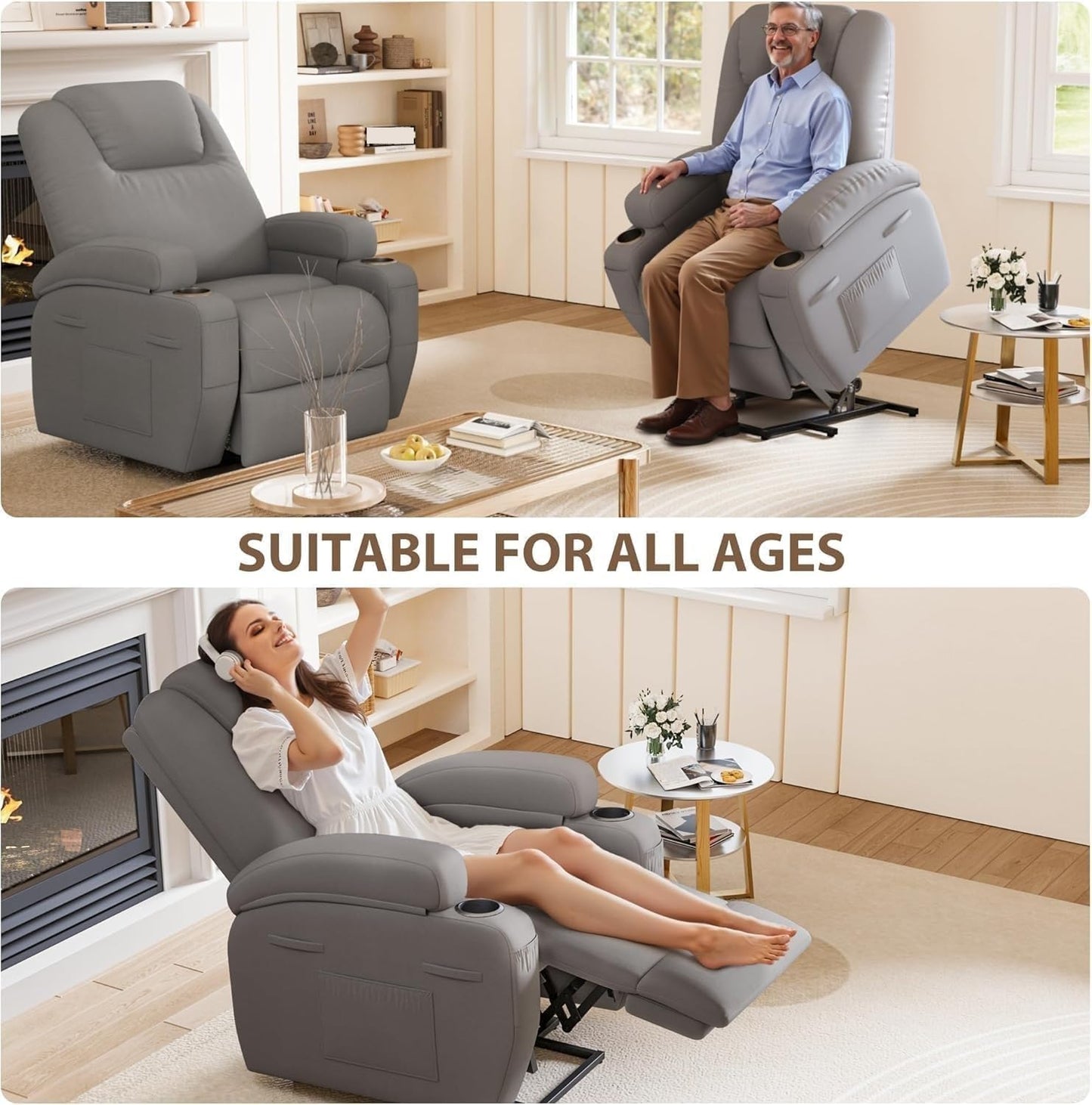 Elderly Ergonomic Power Lift Chair with Cup Holders Side Pockets Remote Control Massage Recliner Chairs for Living Room Bedroom Home Furniture