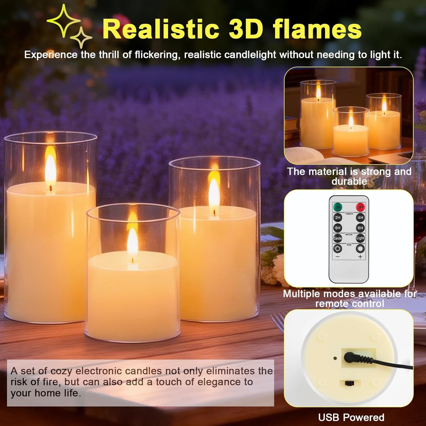 3-Pack Rechargeable Flameless Candles with Remote Control and Timer Function, 3D Realistic Flickering Flames, USB Battery Powered for Christmas Home Decoration Wedding Party Holiday